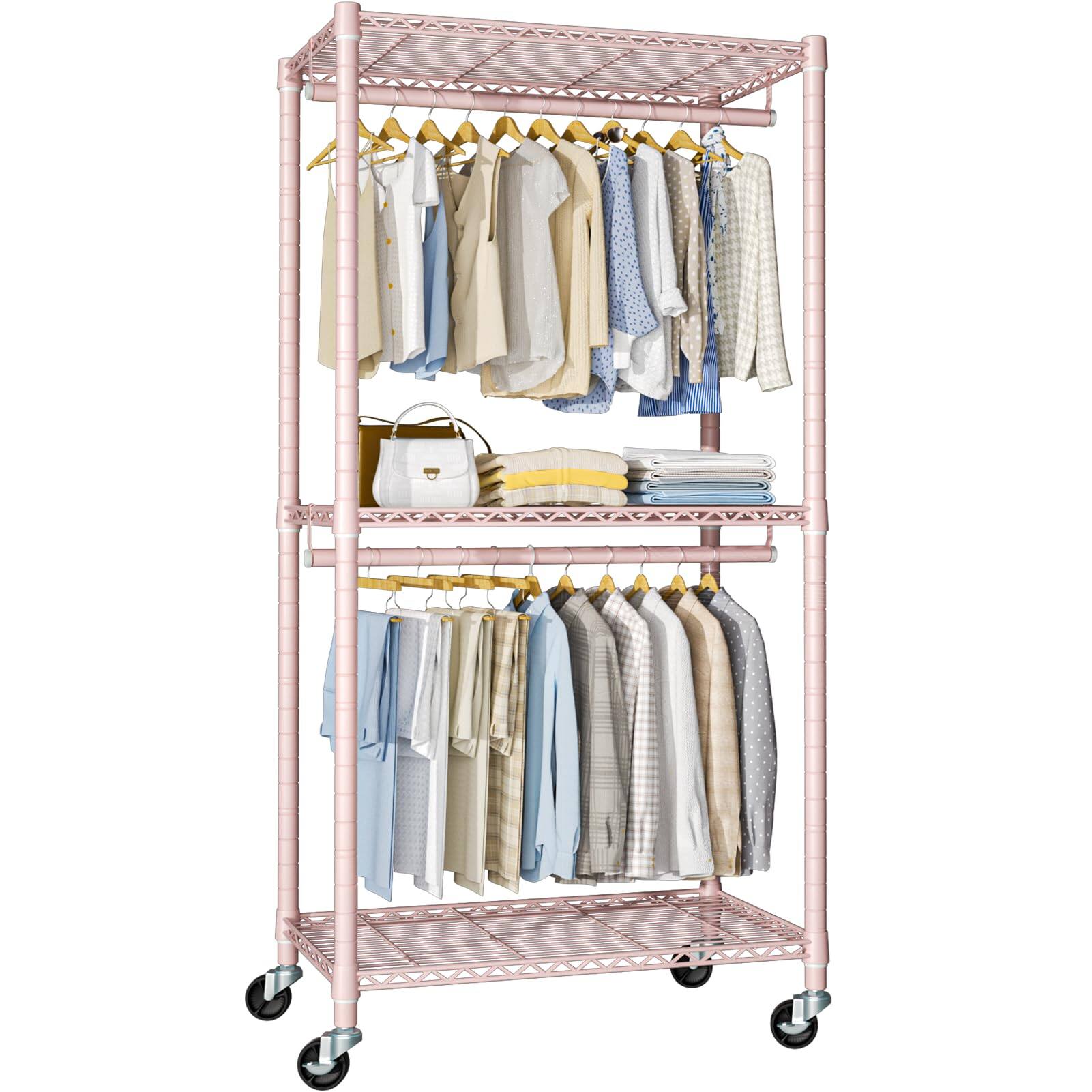 Front. ThinkLink Electronic - P1 Heavy Duty Garment Rack 3 Tiers Adjustable Rolling Metal Closet Organizer With Lockable Wheels - Pink P1 Medium.