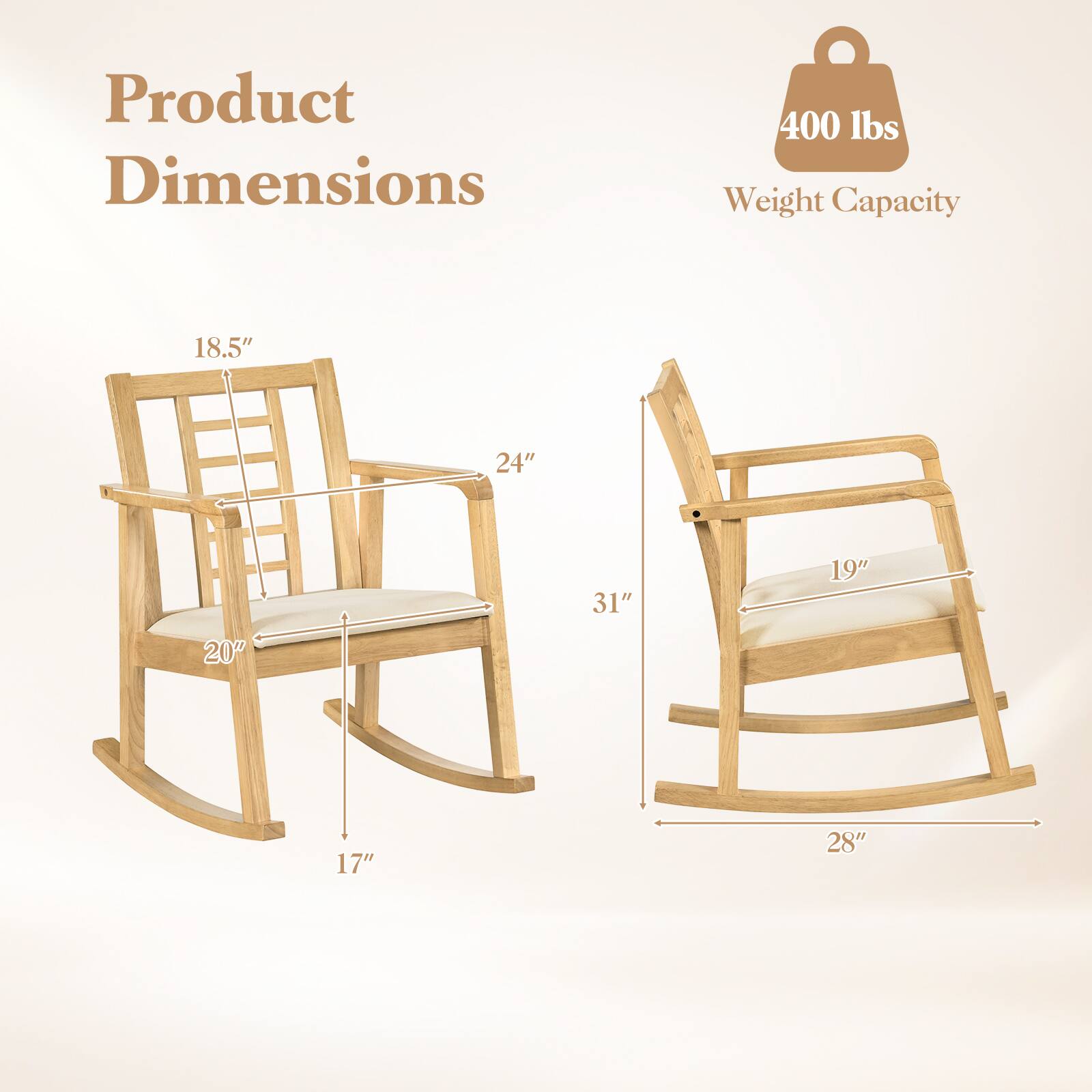 Product Dimensions: 400 lbs Weight Capacity  
18.5" x 24" x 31" x 19" x 20" x 17" x 28"
