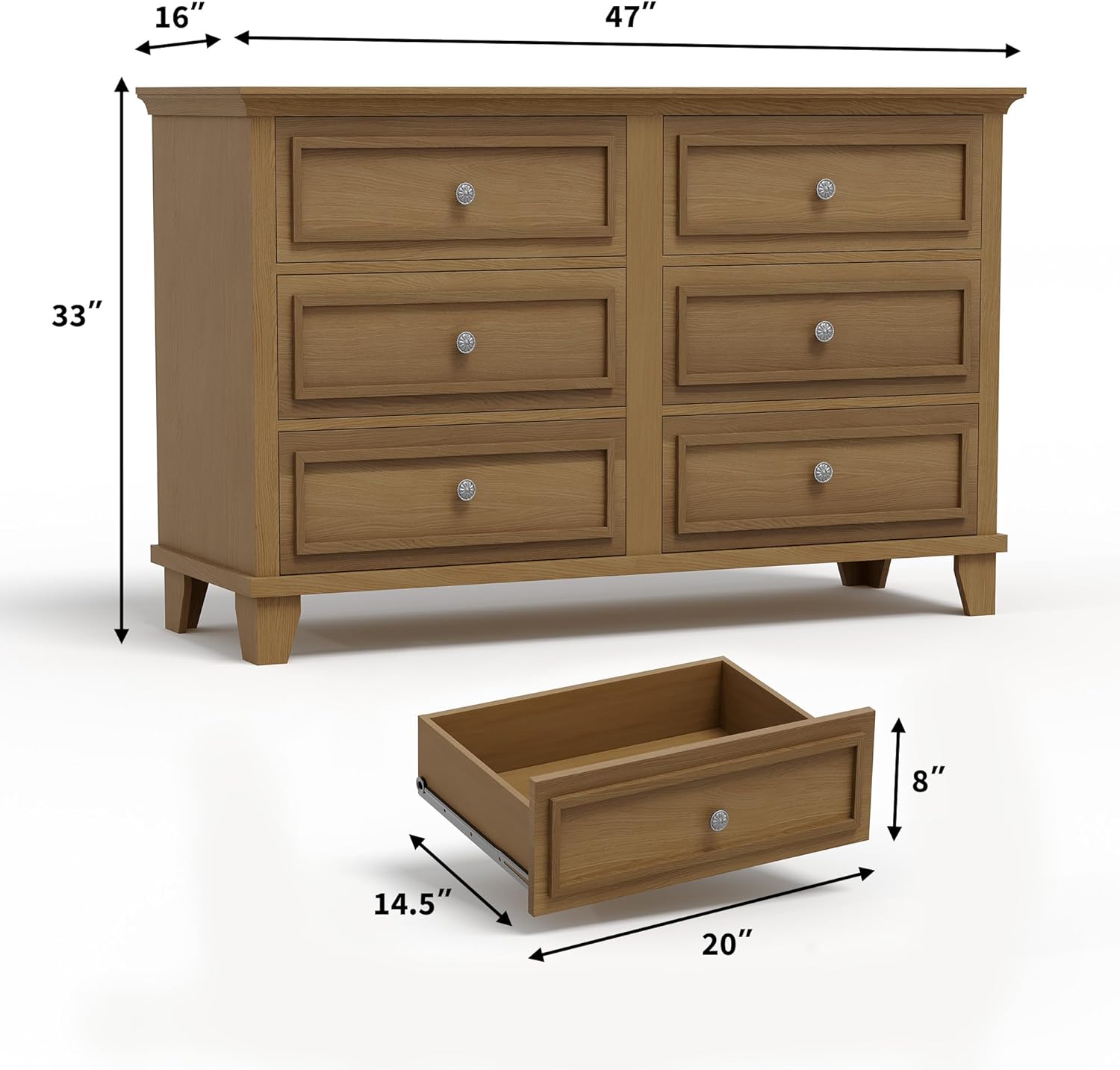- Width: 47"
- Depth: 16"
- Height: 33"
- Drawer Width: 20"
- Drawer Height: 8"
- Drawer Depth: 14.5"