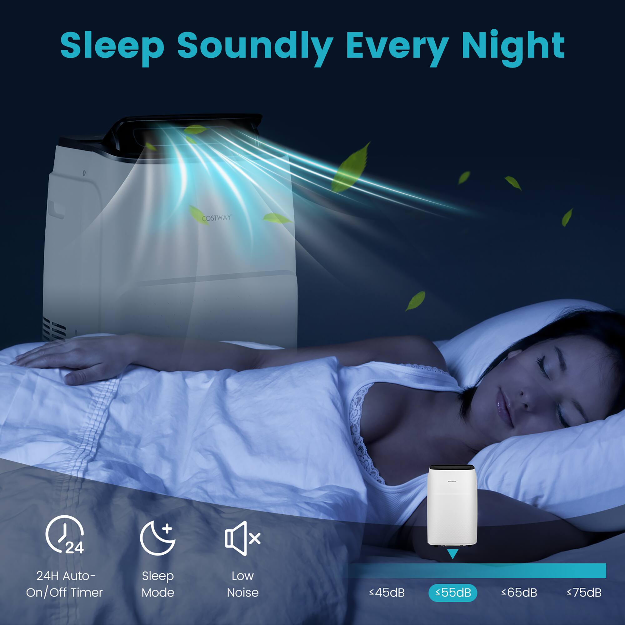 Sleep Soundly Every Night with Costway 24H Auto-On/Off Timer + Sleep Mode. Enjoy low noise levels of s45dB, s55dB, and <65dB, as well as a 75dB noise level.