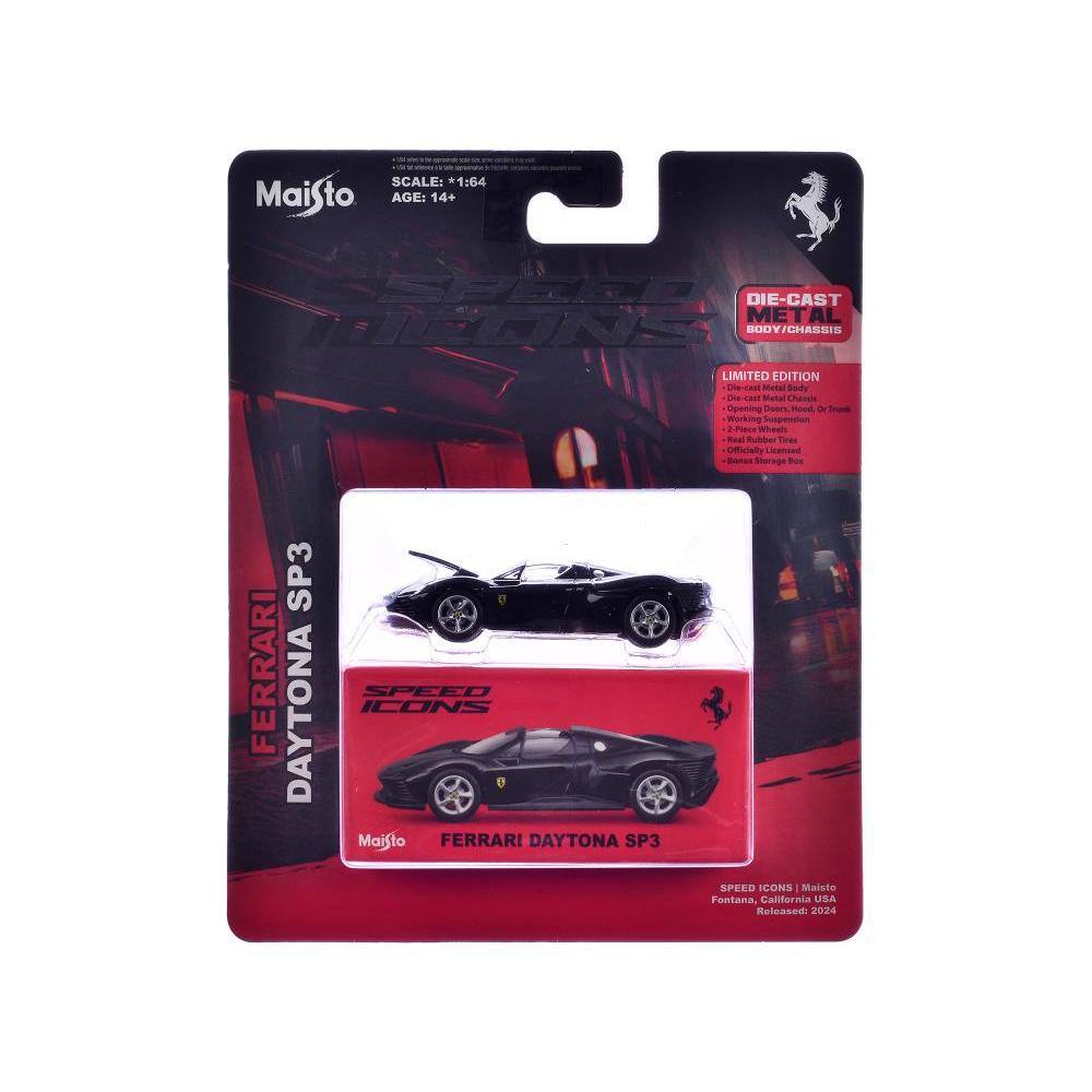 Sure, here is the corrected and grouped text from the image:

---

**Maisto**

**SCALE:** 1:64  
**AGE:** 14+

**DIE-CAST METAL BODY/CHASSIS**

**LIMITED EDITION**

- Die-cast Metal Chassis
- Working Suspension
- Opening Doors
- Rubber Tires
- Officially Licensed
- Storage Box

**FERRARI DAYTONA SP3**

**SPEED ICONS**

**Maisto**

**FERRARI DAYTONA SP3**

**SPEED ICONS / Maisto**  
**Fontana, California USA**  
**Released: 2024**

---