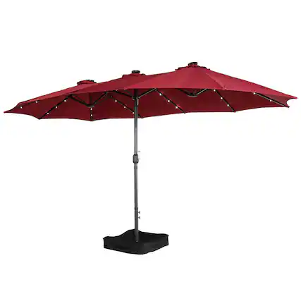 Front. Boyel Living - 15 FT Extra Large Double Sided Patio Umbrella with Base and Solar LED - Red.