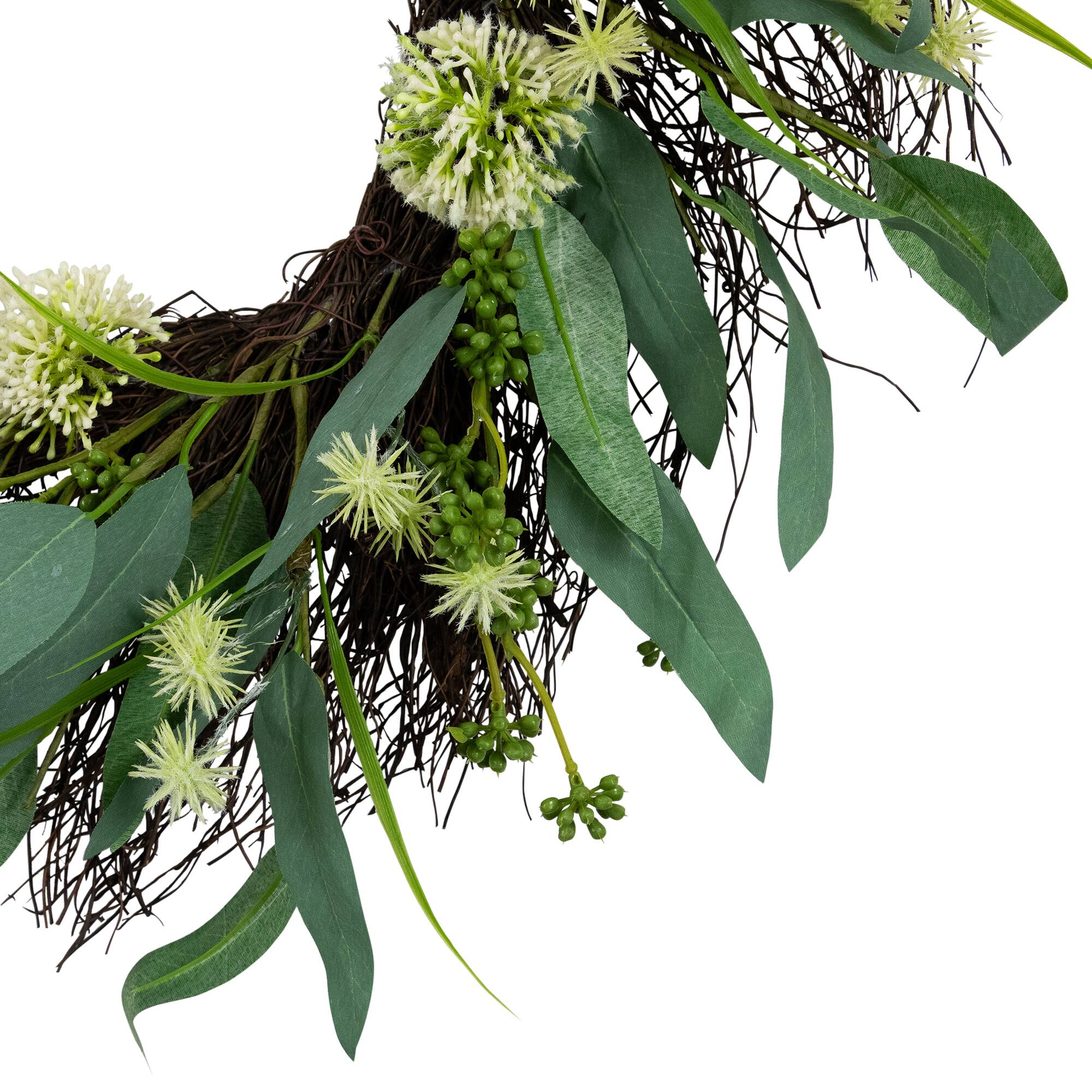 Alt View 3. Northlight - Eucalyptus and Sweet Gum Flowers Twig Spring Wreath - 24" - Green and White - Green.