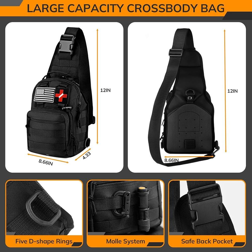 LARGE CAPACITY CROSSBODY BAG

12IN  
12IN  
8.66IN  
4.33  
8.66IN

Five D-shape Rings  
Molle System  
Safe Back Pocket
