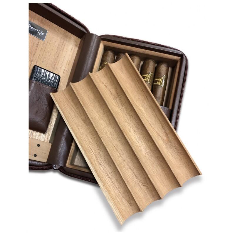 Back. Prestige - Manhattan Travel Humidor (Brown) - Brown Ostrich Motif Leather.