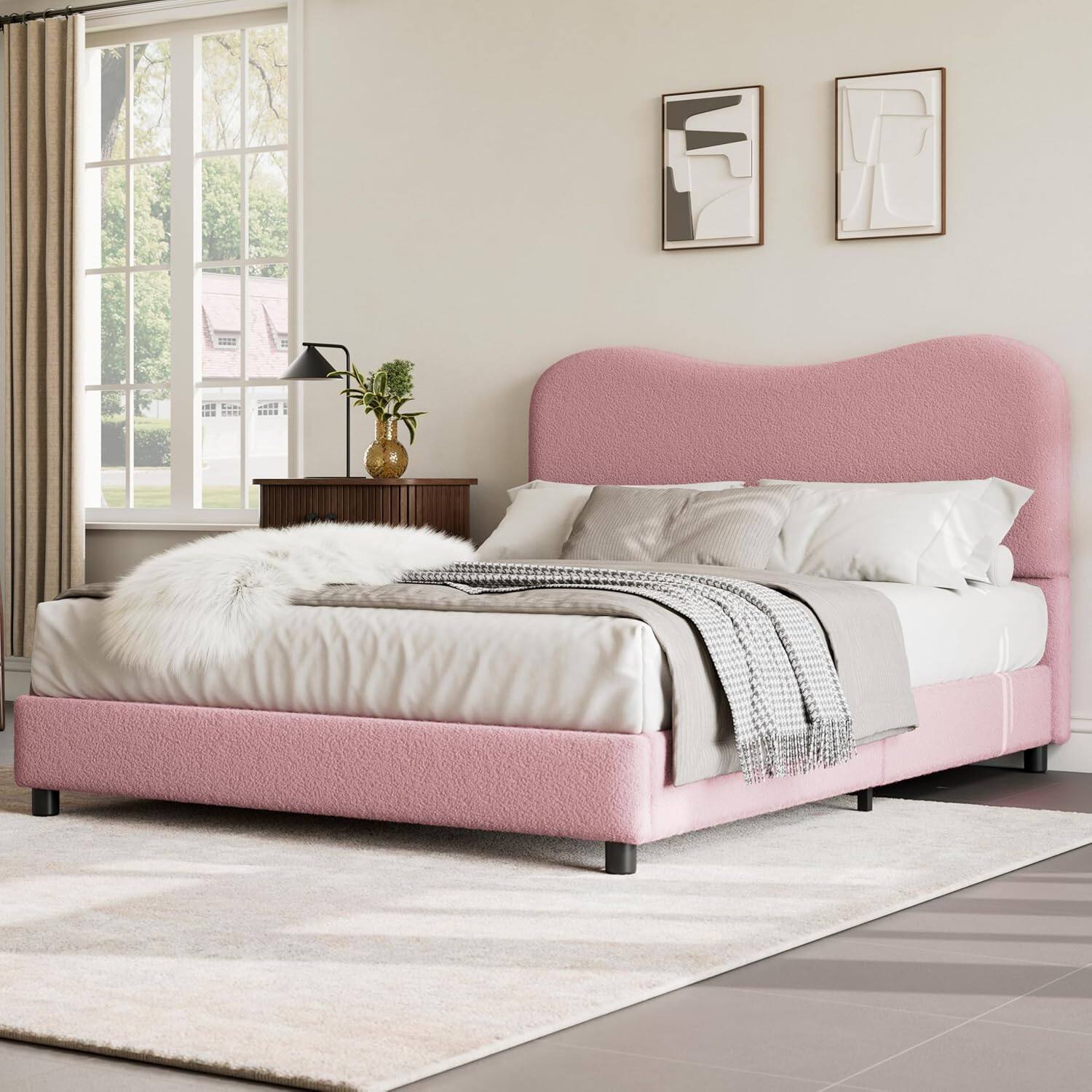 Jojoka - Soft Pink Velvet Upholstered Queen Bed Frame for Kids/Teens, Low Profile, No Box Spring, Easy Assembly - Pink