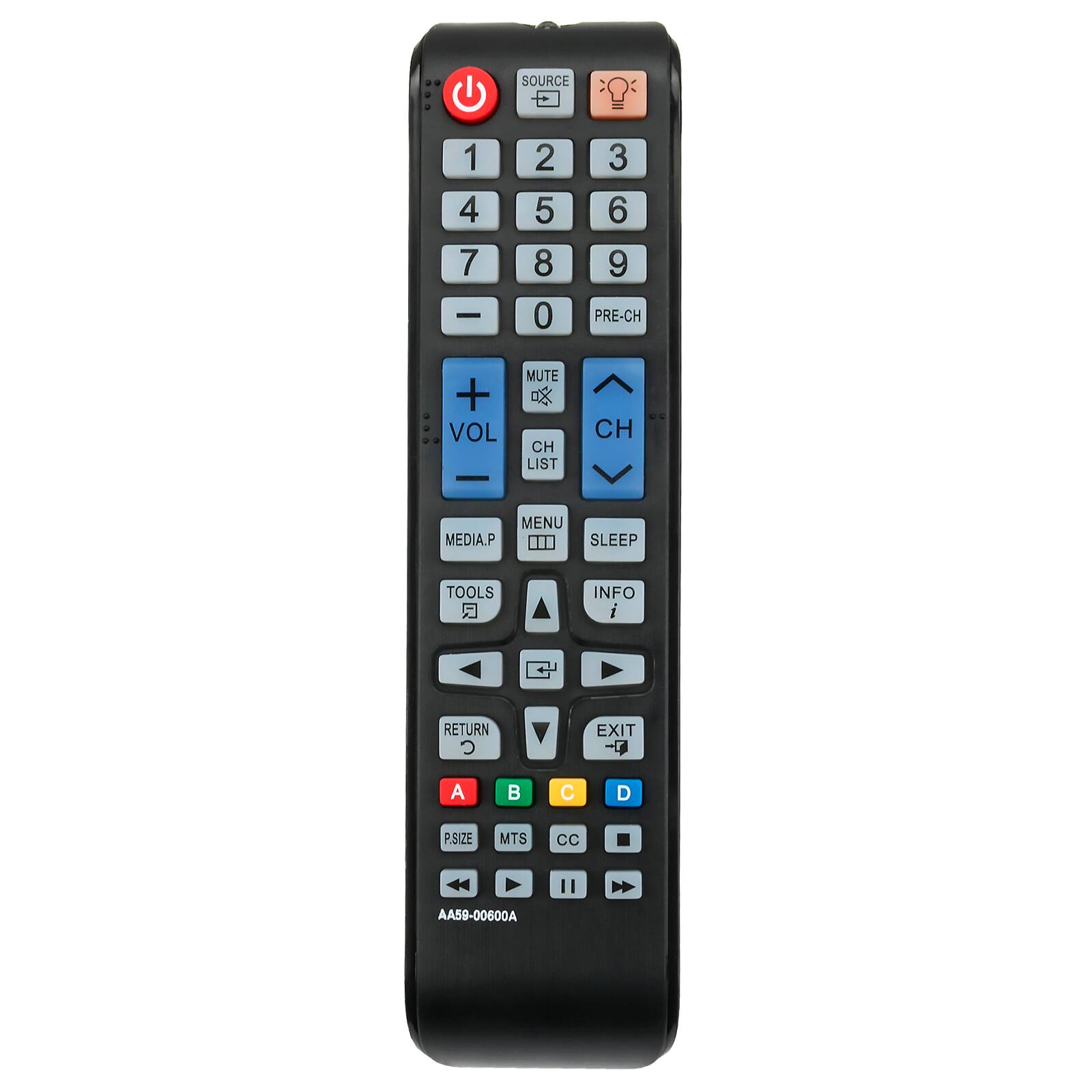 SOURCE 1 2 3 4 5 6 7 8 9 0 PRE-CH + VOL - CH LIST CH MUTE MEDIA.P MENU SLEEP TOOLS INFO i RETURN C EXIT - A B C D PSIZE MTS CC " AA59-00600A