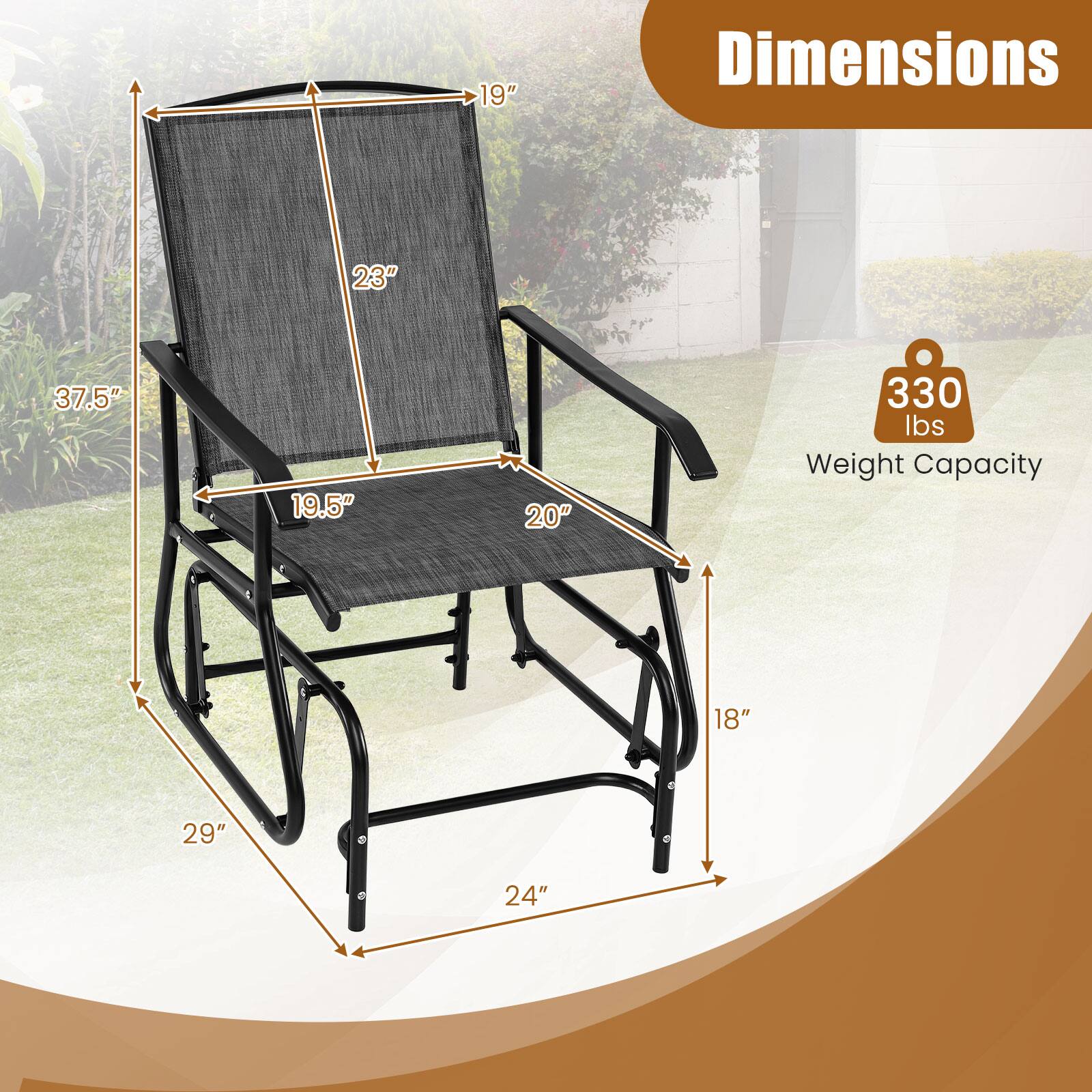 Dimensions
- 19"
- 23"
- 37.5"
- 19.5"
- 20"
- 29"
- 24"
- 18"

Weight Capacity: 330 lbs