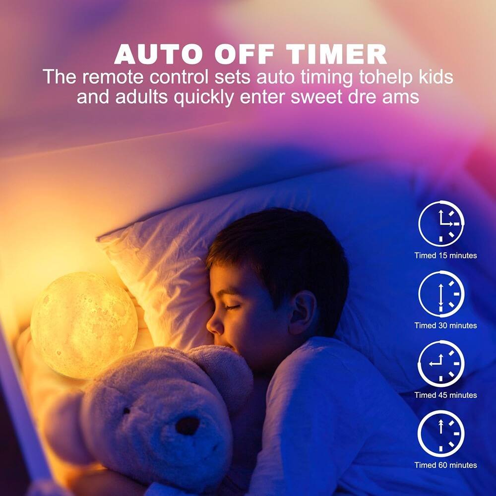 AUTO OFF TIMER  
The remote control sets auto timing to help kids and adults quickly enter sweet dreams  

Timed 15 minutes  
Timed 30 minutes  
Timed 45 minutes  
Timed 60 minutes