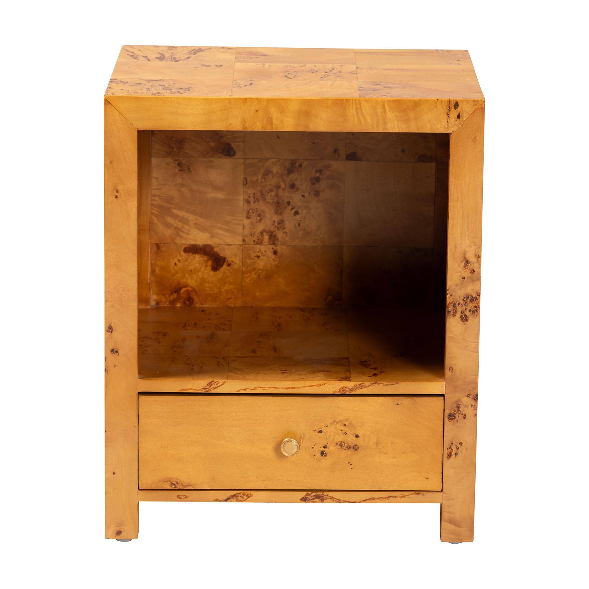 Left. bali & pari - Camira Modern and Contemporary Natural Mappa Burl Wood 1-Drawer Nightstand - Light Mappa Burl.