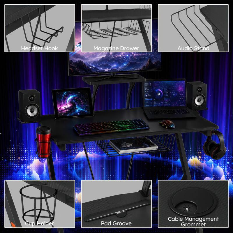 Headset Hook  
Magazine Drawer  
Audio Stand  
Cup Holder  
Pad Groove  
Cable Management Grommet