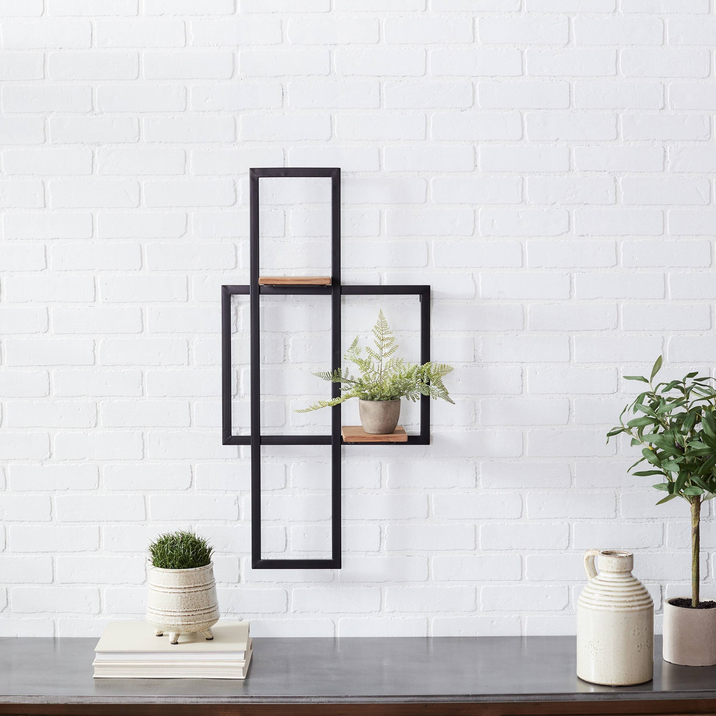 Angle. BreeBe - Iron Metal Wall Hanging with Wood Shelves 33.5"H - Brown, Black.