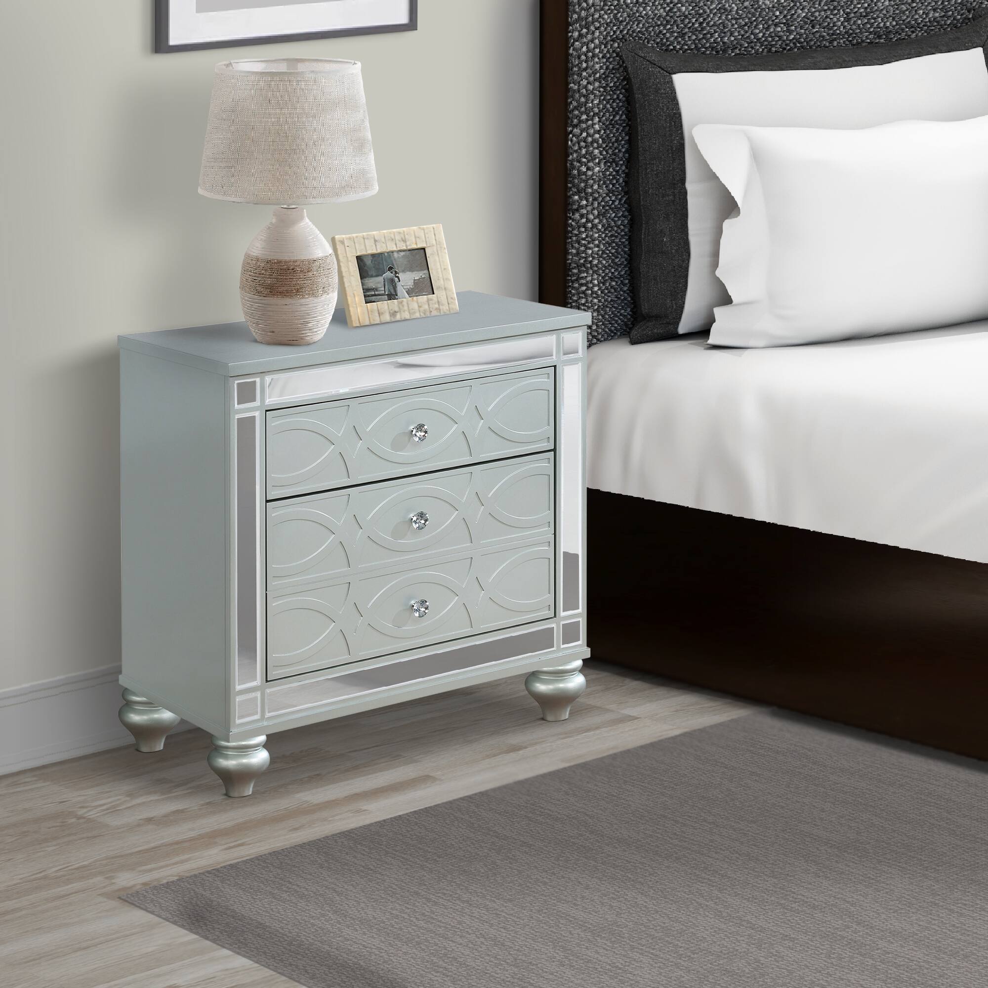Alt View 2. Manhattan Lane - Gina 29 Inch Modern Glam Nightstand, Round Crystal Knobs, USB Ports - Silver.