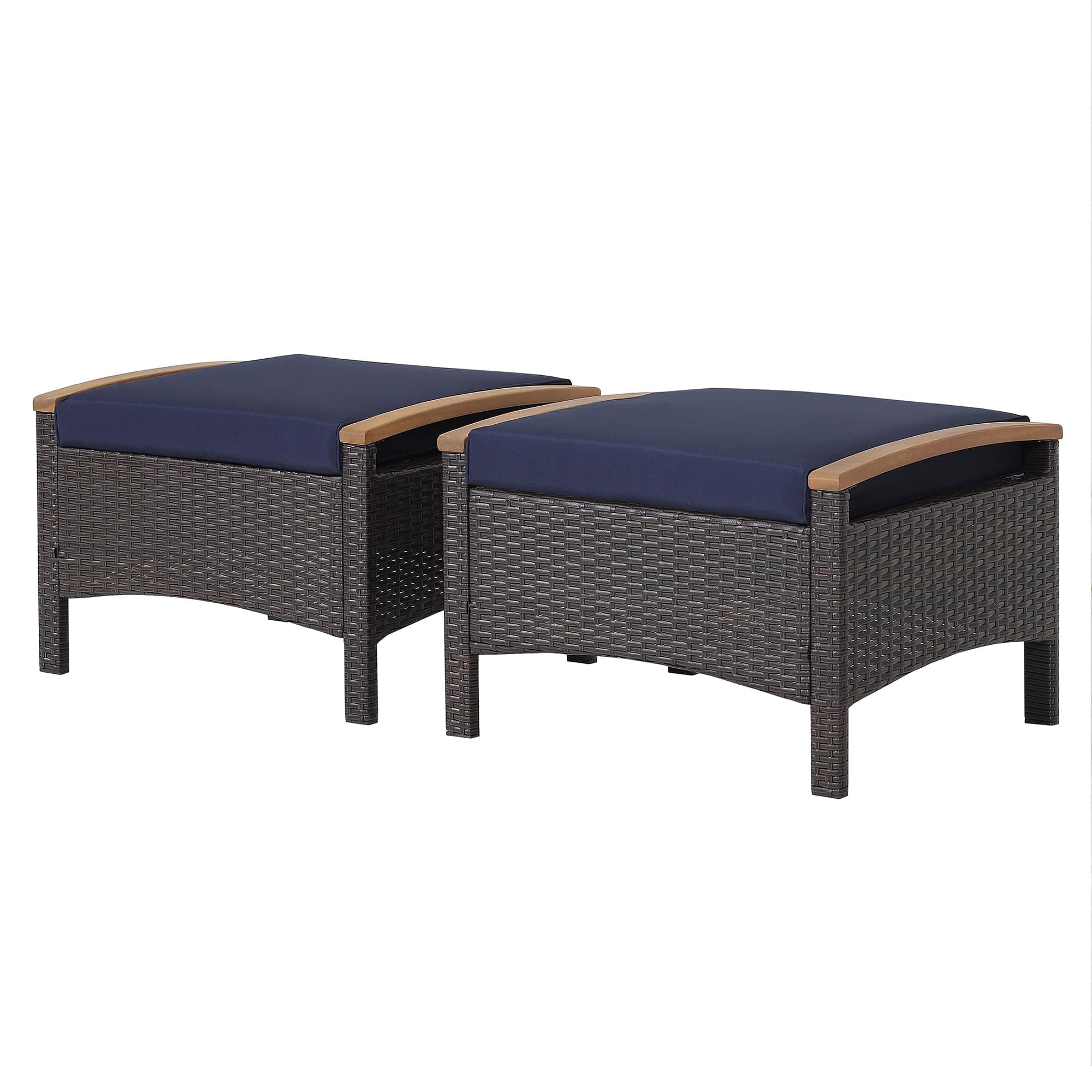 Costway - Set of 2 Patio Rattan Ottoman Footrest Cushions Wooden Handle - Mix Brown,Navy