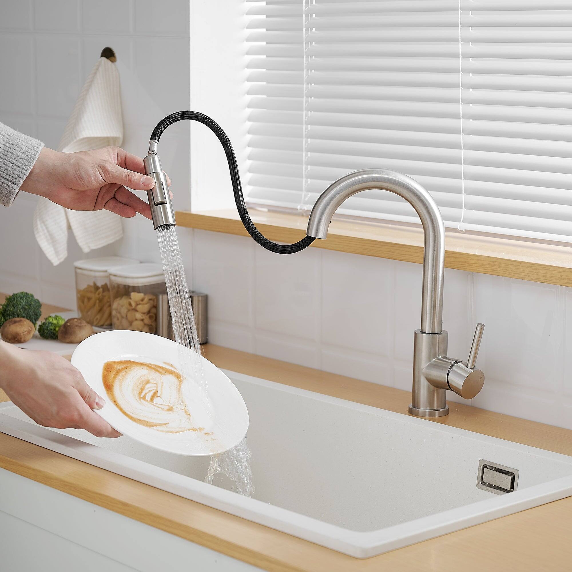 Alt View 6. Boyel Living - Brushed Nickel Single Handle Pull Down Bar Faucet with Water Supply Hoses and Ceramic Disc Cartridge - Brushed Nickel.