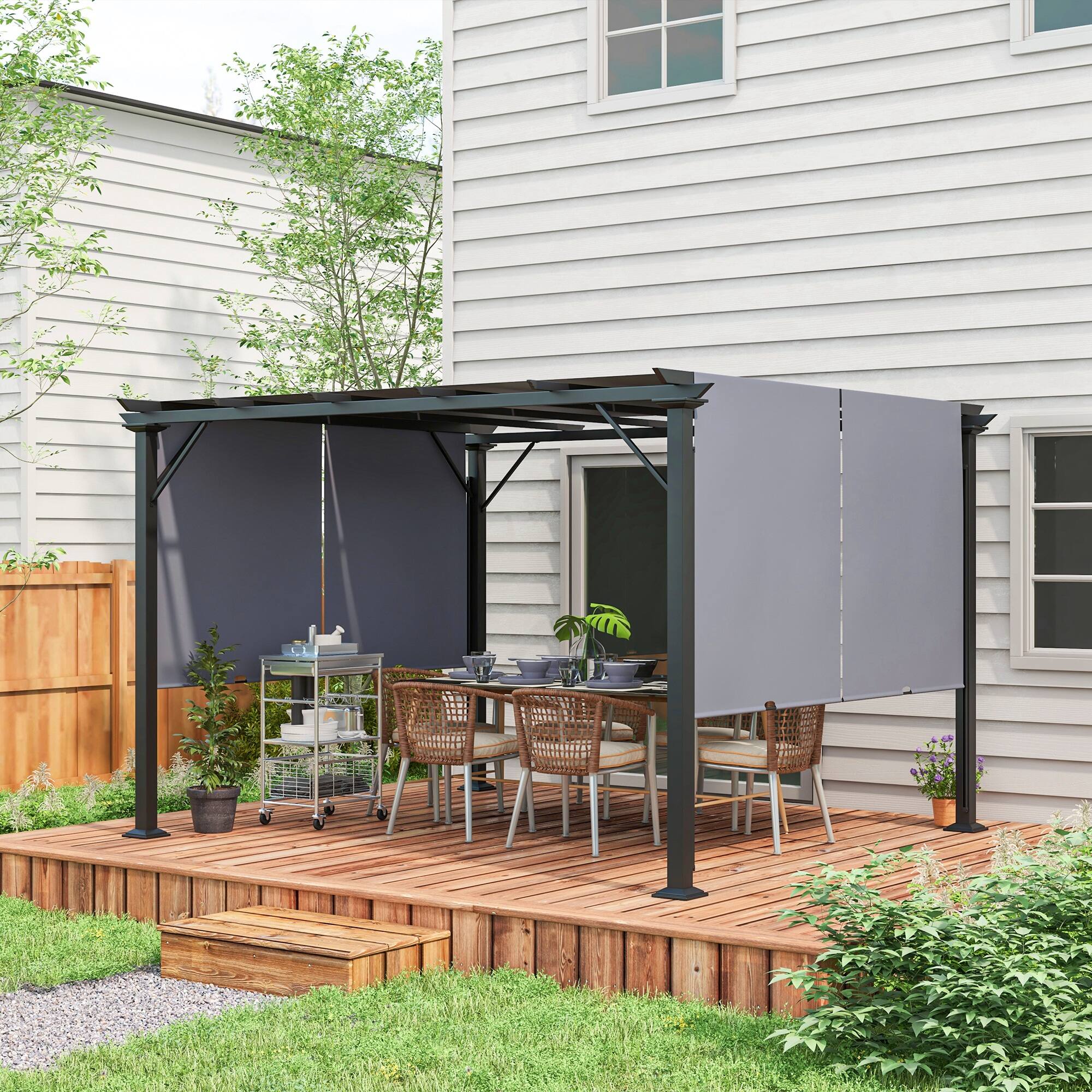 Angle. Outsunny - 12' x 10' Outdoor Retractable Pergola Canopy with Sun Shade Unique Design Canopy Patio Metal Shelter - Gray.