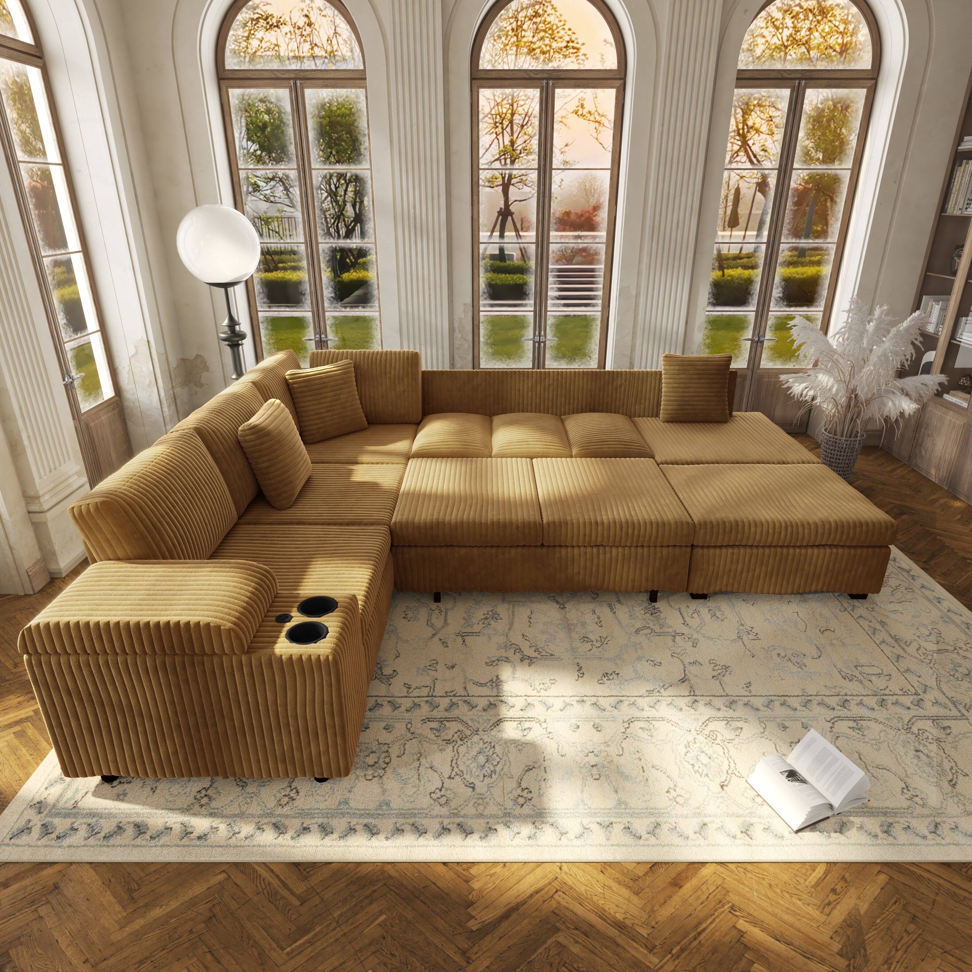 Left. Anysun - 110.2" L-Shaped Convertible Corduroy Sectional Sofa Set with Removable Ottoman, Hidden Storage, USB Ports & Cup Holders - Camel.