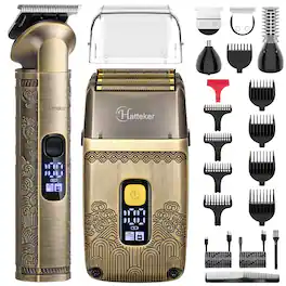 HATTEKER - 4-in-1 Men's Grooming Kit Hair Clipper T-Blade Beard Trimmer Detail Trimmer Nose Hair Trimmer & Foil Shaver - Black