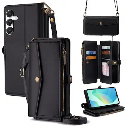 Front. Dteck - Crossbody Wallet Case for Samsung Galaxy A16 5G with Zipper Purse, Shockproof Protective Cover with Kickstand - Black.