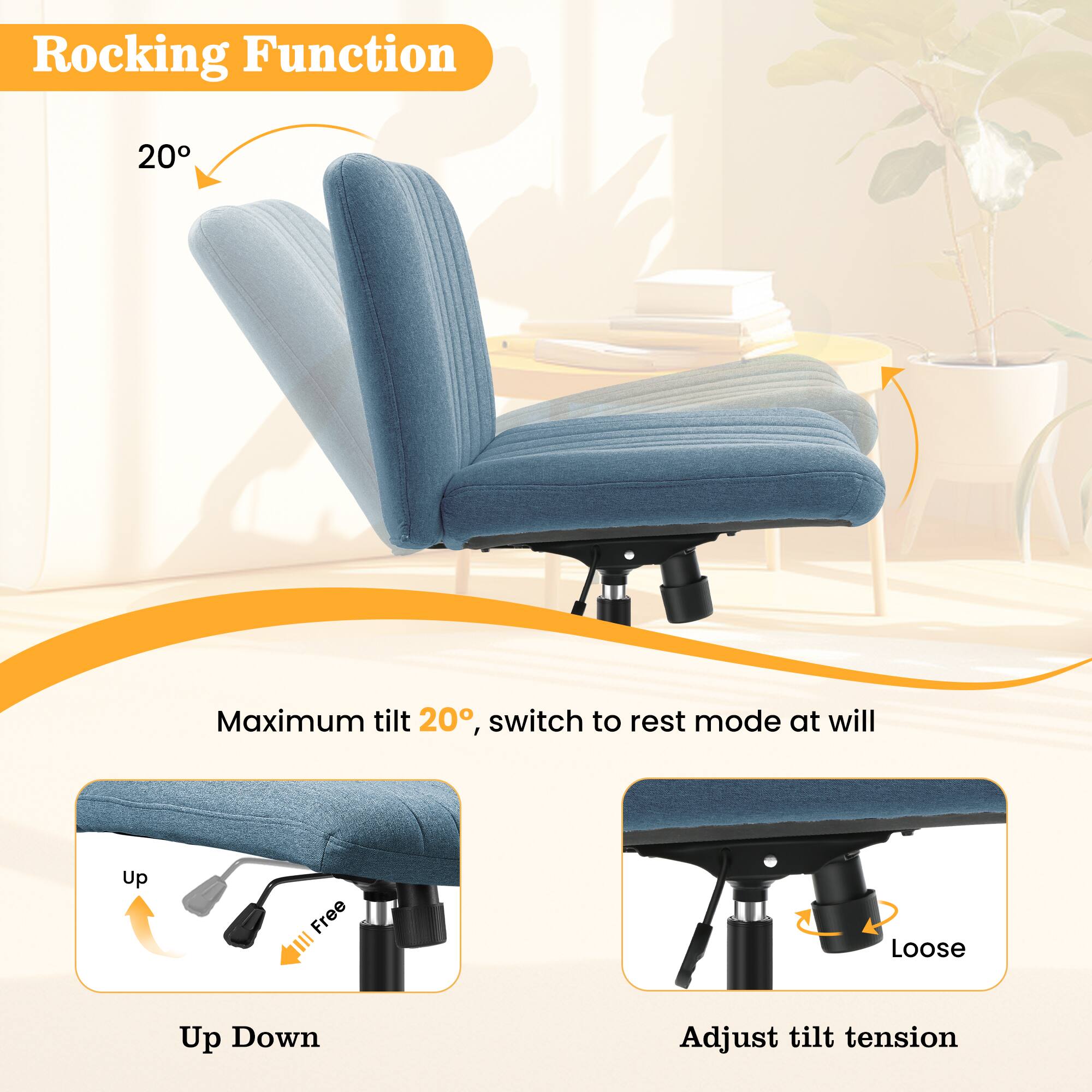 Rocking Function

20°

Maximum tilt 20°, switch to rest mode at will

Up Down

Adjust tilt tension
