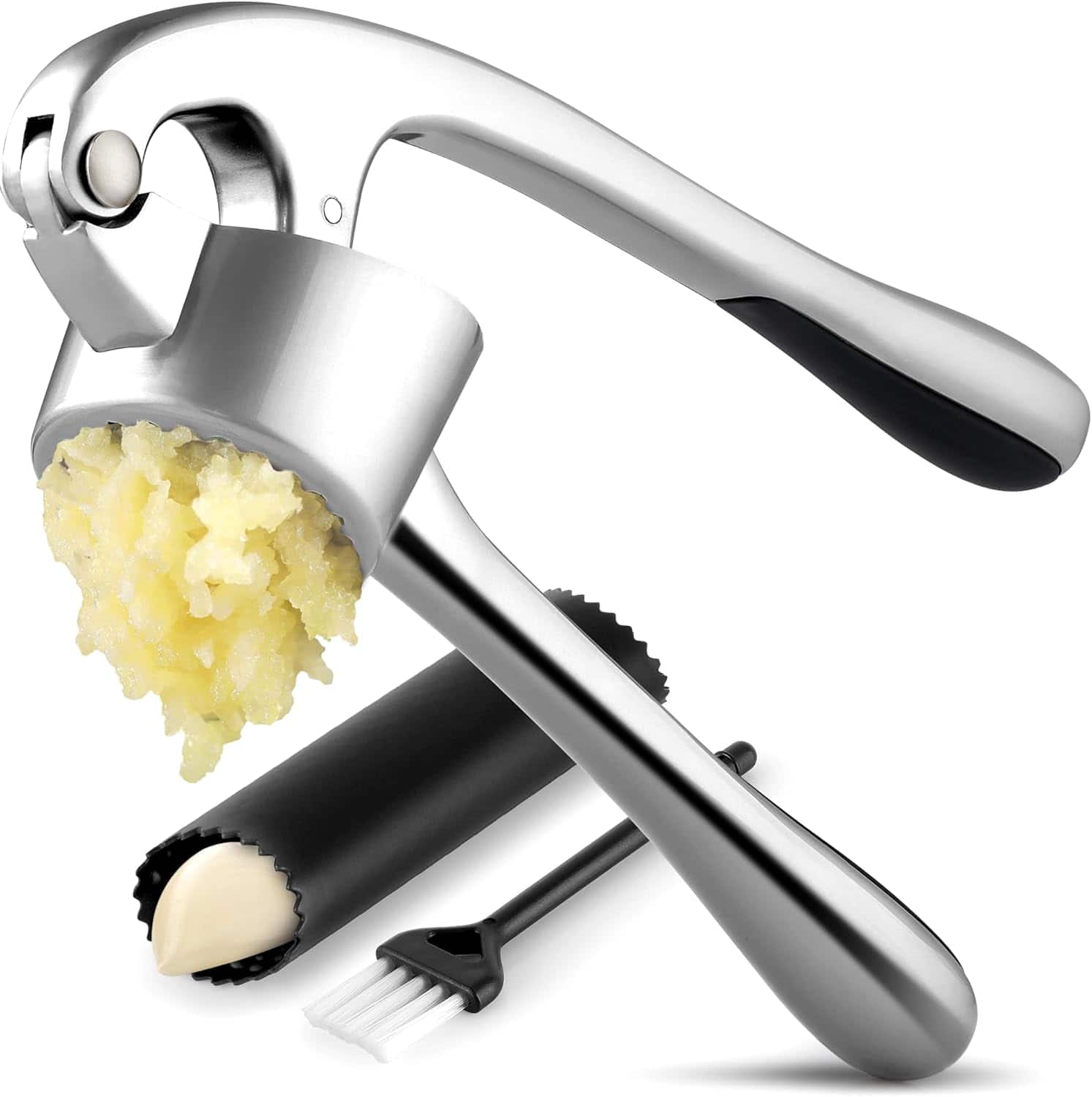 Zulay Kitchen - Large Premium Garlic Press Set - Bigger Bowl for Bigger Garlic - Chrome