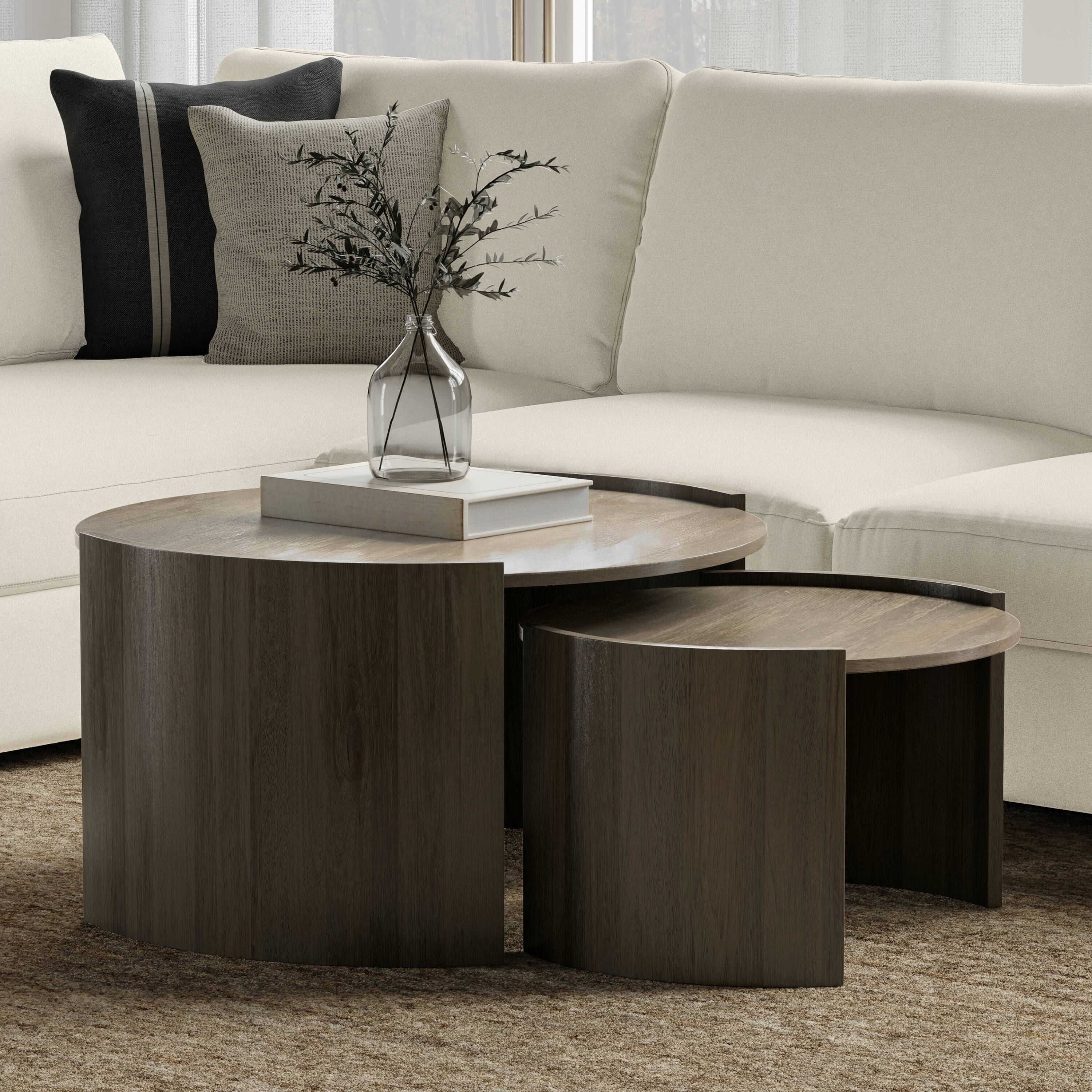 Angle. Simpli Home - Robin SOLID MANGO WOOD 32 inch Wide Round Contemporary 2 Piece Nesting Table in Ash Grey, Fully Assembled - Ash Grey.