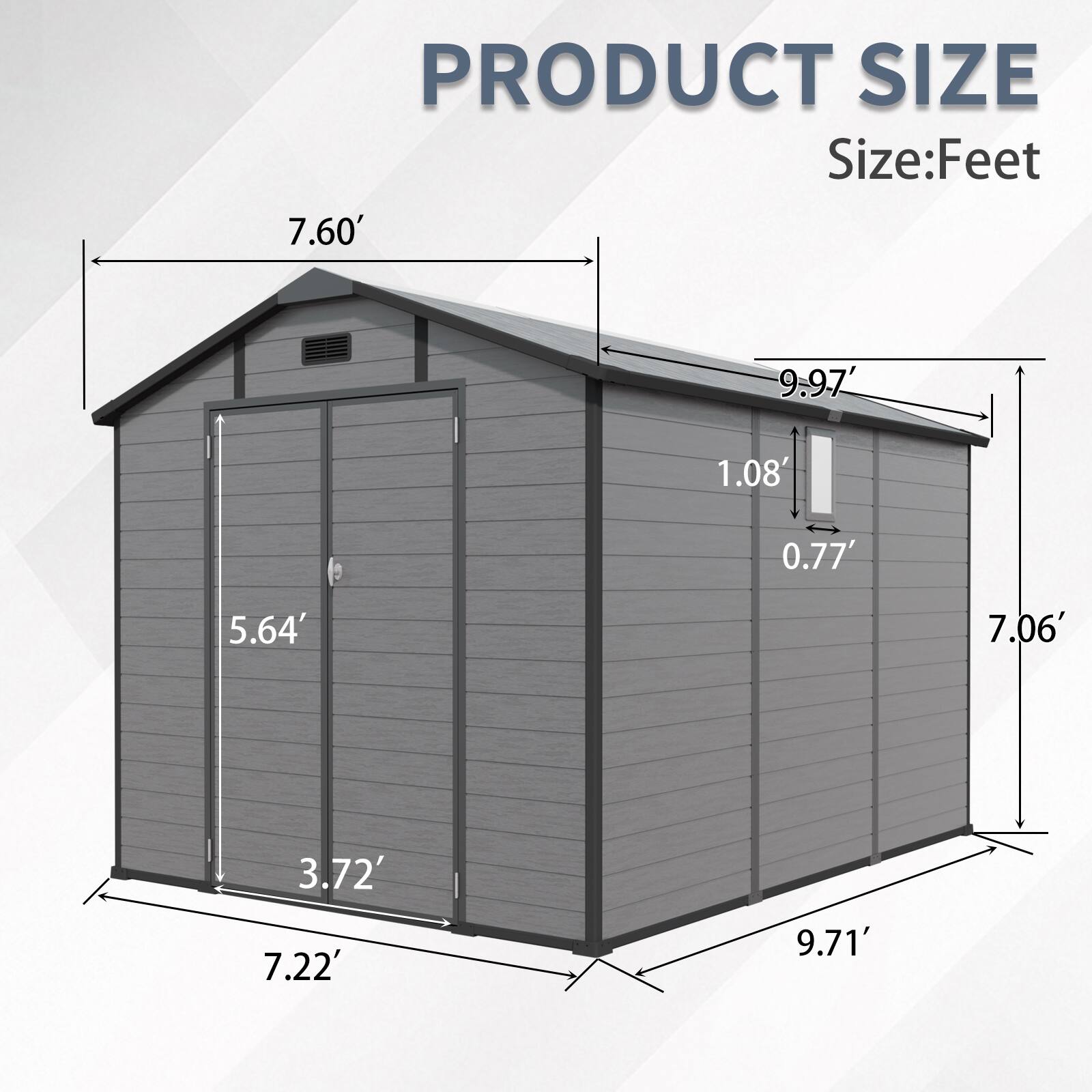 PRODUCT SIZE  
Size: Feet  
7.60'  
9.97'  
1.08'  
0.77'  
5.64'  
7.06'  
3.72'  
7.22'  
9.71'