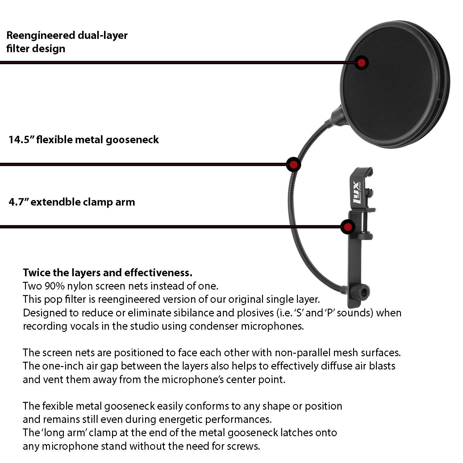 Reengineered dual-layer filter design 14.5" flexible metal gooseneck 4.7" extendable clamp arm LX

Twice the layers and effectiveness. Two 90% nylon screen nets instead of one. This pop filter is reengineered version of our original single layer. Designed to reduce or eliminate sibilance and plosives (i.e. 'S' and 'P' sounds) when recording vocals in the studio using condenser microphones. The screen nets are positioned to face each other with non-parallel mesh surfaces. The one-inch air gap between the layers also helps to effectively diffuse air blasts and vent them away from the microphone's center point.

The flexible metal gooseneck easily conforms to any shape or position and remains still even during energetic performances. The 'long arm' clamp at the end of the metal gooseneck latches onto any microphone stand without the need for screws.