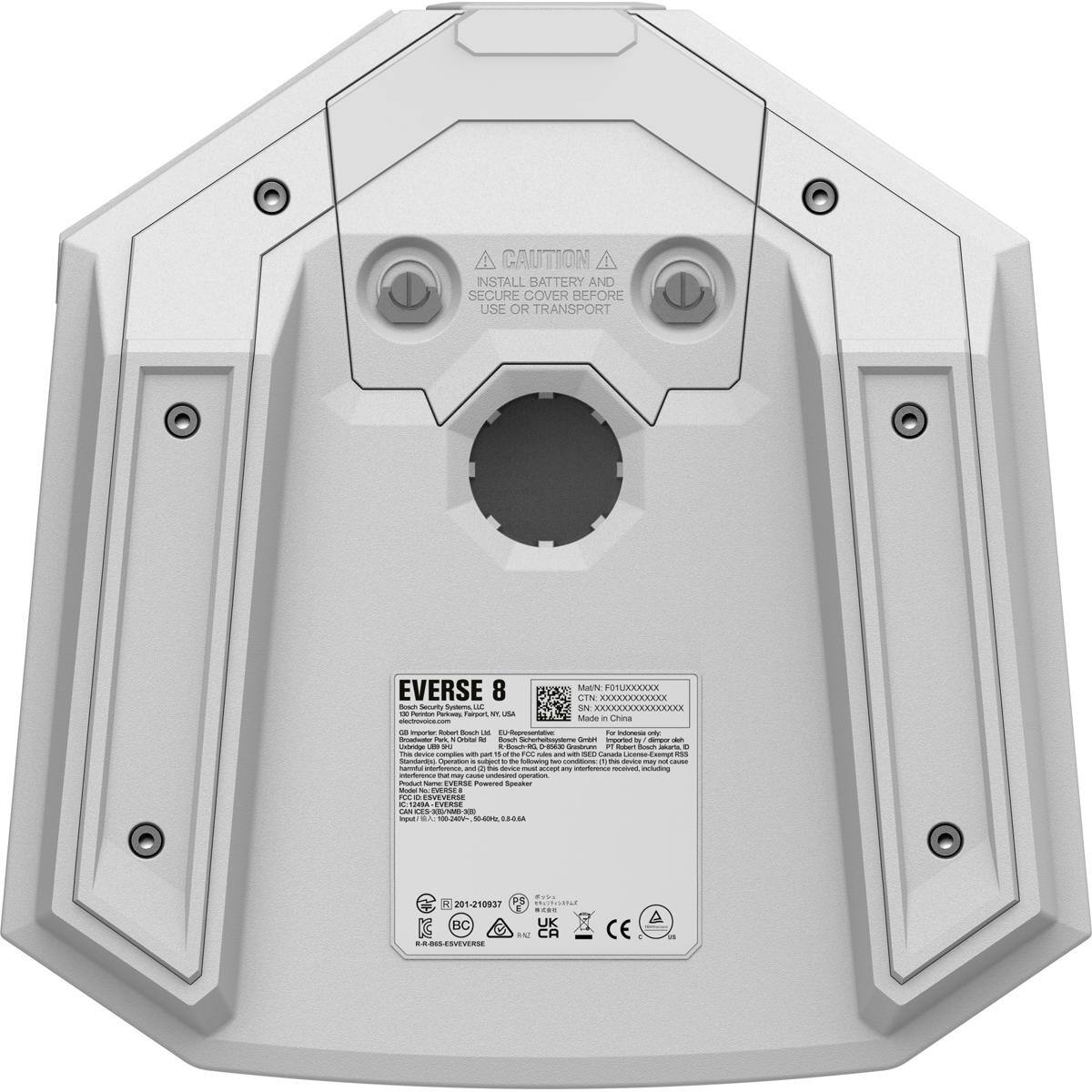A CAUTION A INSTALL BATTERY AND SECURE COVER BEFORE USE OR TRANSPORT

EVERSE 8  
Mat/N: F01L0000XXX  
CTN: XXXXXXXXXXX  
Book Security Systems, LLC  
SIN XXXXXXXXXXXXXXX  
TX Perinion Parkway Fairport, USA  
electrovoice.com  
Made in China  
GB Importer.  
Robert Souch Eas EU-Representative:  
For Indonesia only  
Broadwater Park  
NOOD kg  
Book Schehelszusteme GmbH  
Imported IL denger okth Unbeldge  
LES H R-Gosch-RG C-05400 Grinbrum  
Robert Bach Jakerts, C  

This device complies with the part 15 rules of the FCC Rules. Operation is subject to the following two conditions: (1) this device may not cause harmful interference, and (2) this device must accept any interference received, including interference that may cause undesired operation.  

Product Name: EVERSE Powered Speaker  
World No: EVERSE# PCC CC.ESVEVERSE  
C:124BA-EVERSE ON CES-305/100-300  
Input 50-6