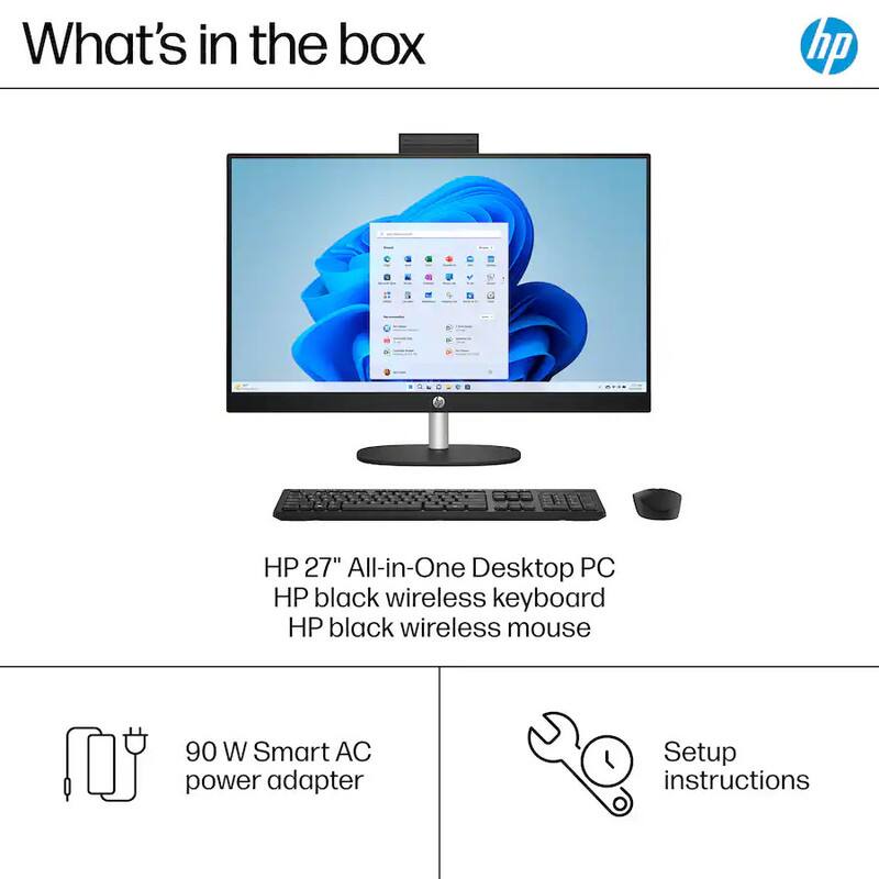 What's in the box

HP 27" All-in-One Desktop PC
HP black wireless keyboard
HP black wireless mouse

90 W Smart AC power adapter
Setup instructions