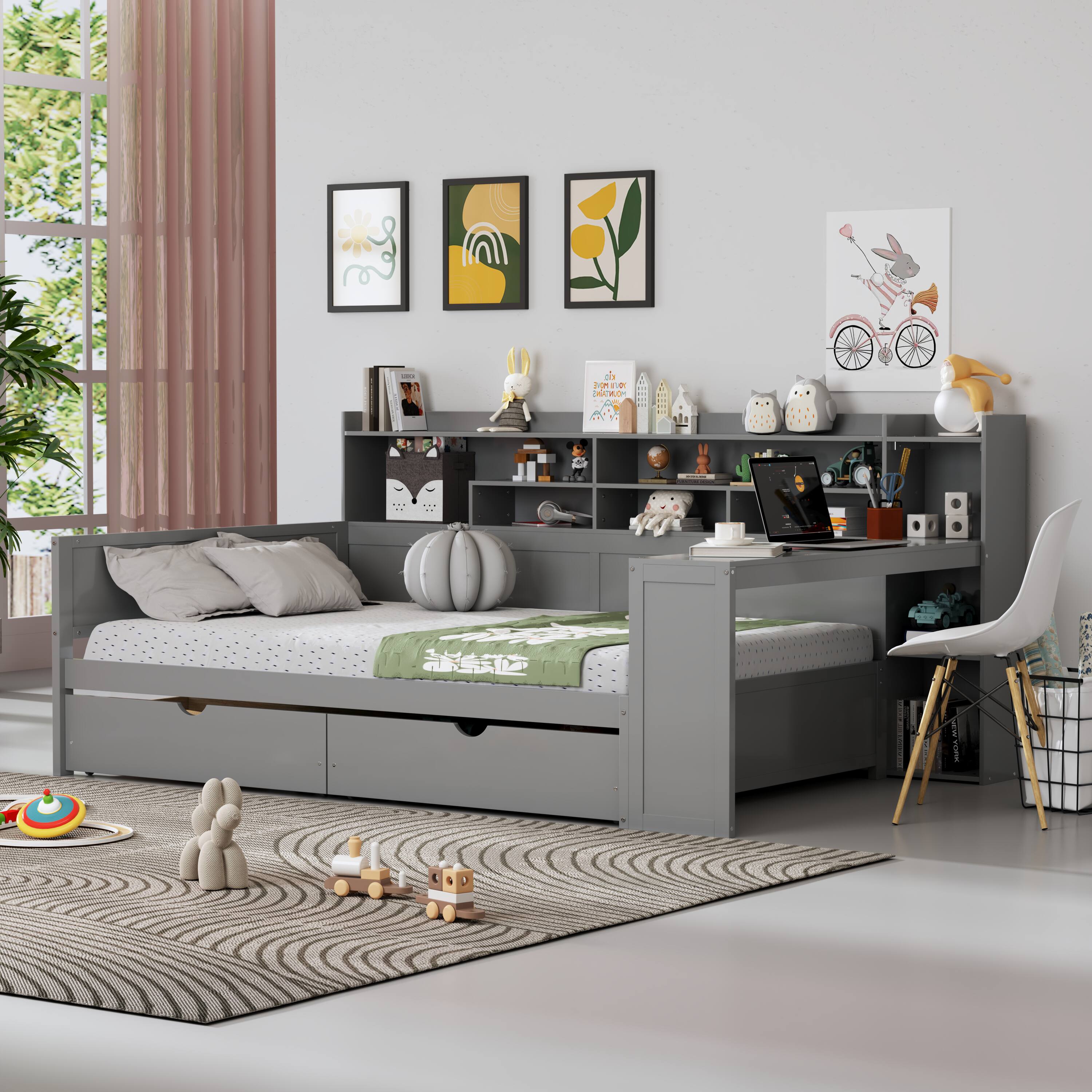 Left. Tiramisubest - Wooden Full Size Daybed with Storage Shelves, Multi-functional Bed with Two Storage Drawers and  Study Desk, Gray - Gray.