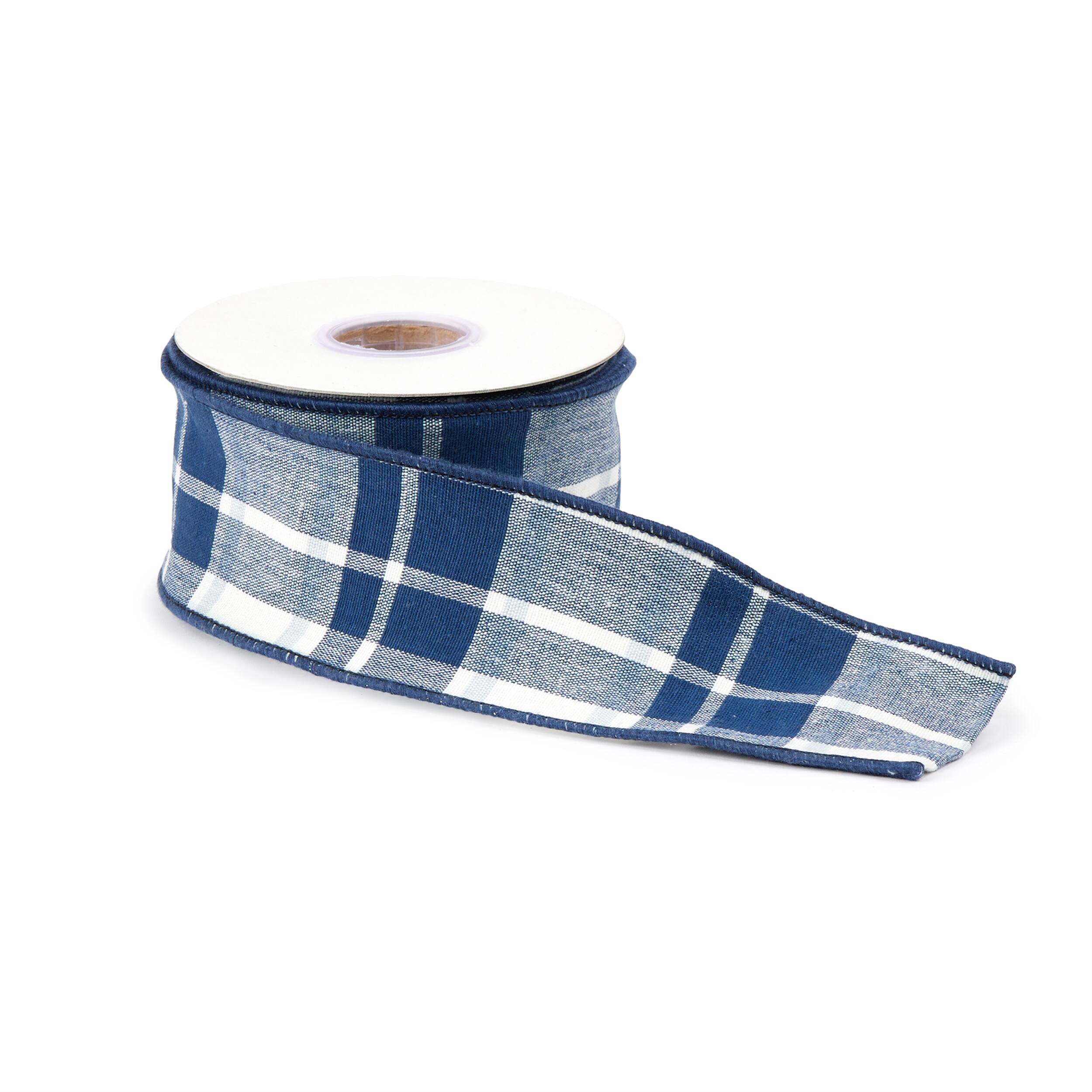 Left. BreeBe - Navy Blue and White Plaid Wired Ribbon (Set of 2) - Blue, White.
