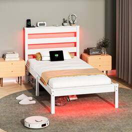 Winado - Solid Wood Twin Platform Bed Frame with LED Lights & USB Charging Storage Headboard Shelf & Drawer No Box Spring Needed - White-B