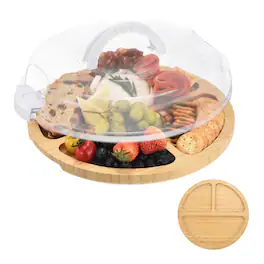 Unique Bargains - Round Charcuterie Board with Lid & Handle, Portable Cheese Board, Bamboo Cutting Board, Gifts - White