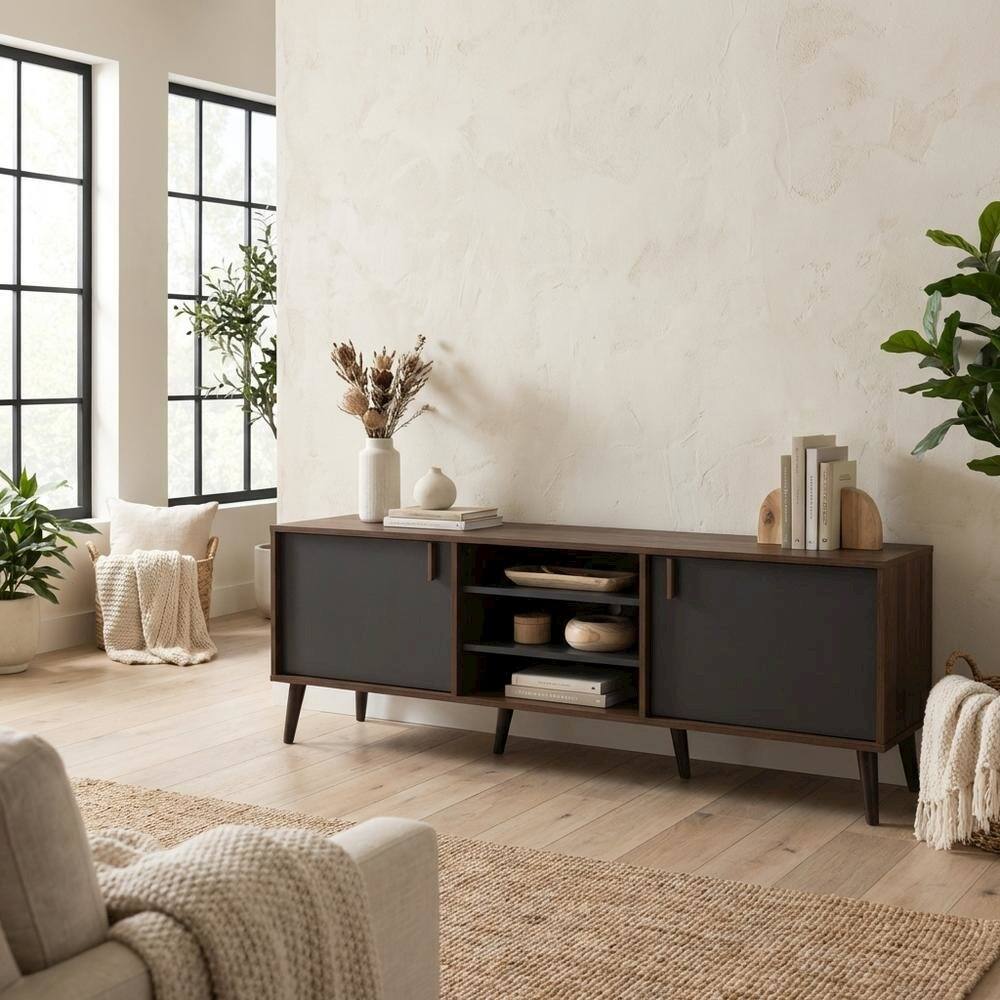 Alt View 2. FurniFact - Mid-Century Modern Brown and Dark Grey TV Stand with Particle Board Finish - Brown.