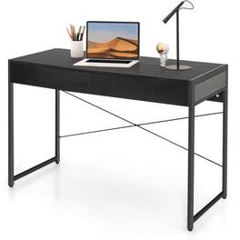 Pefilos - 2-Drawer Home Office Desk with Steel Frame, Small Home Computer Desk Study Writing Table - Black