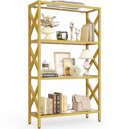 Aheaplus - 4-Tier Tempered Glass Bookshelf, Display Shelf with LED Lights - Gold