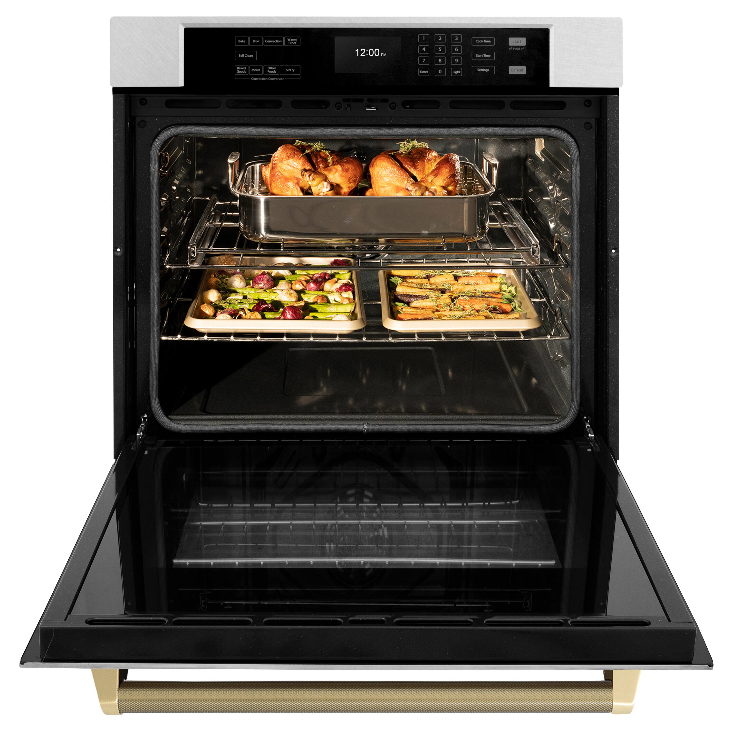 Left. ZLINE - ZLINE Autograph 30 in. True Convection Single Wall Oven in Satin Steel with Bronze Helix Handle (WASSZ-30-KCB) - Satin Stainless Steel.