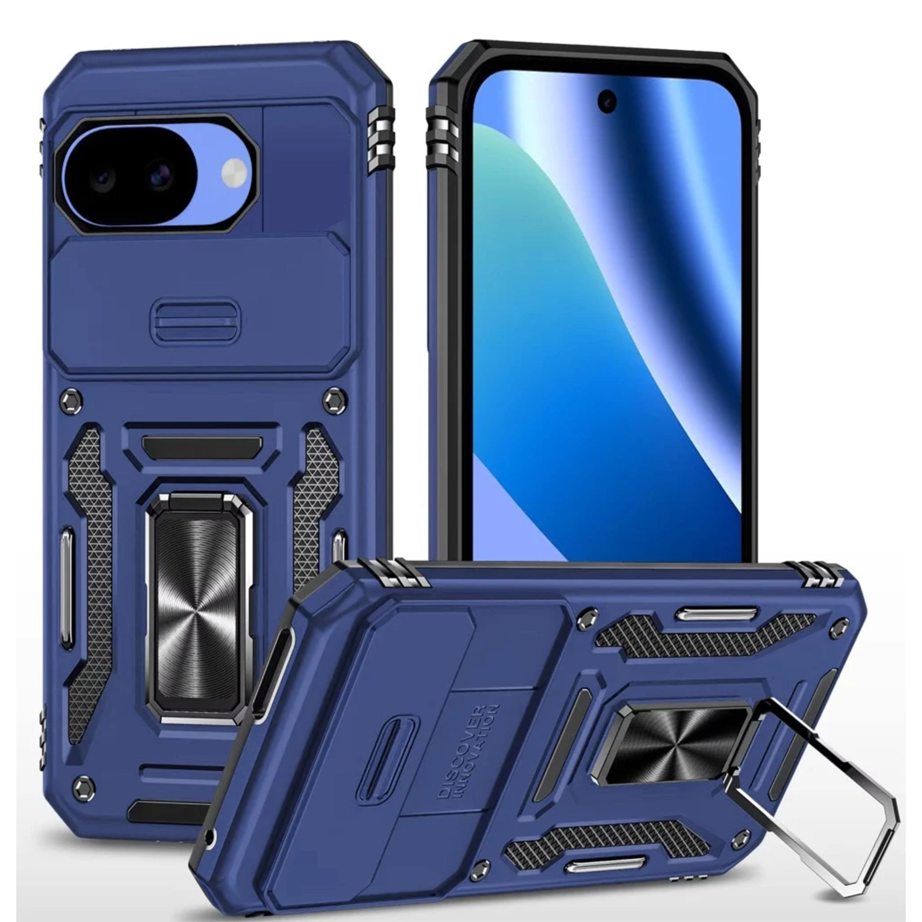 Kitcheniva - Shockproof Camera Lens Sliding Cover Magnetic Ring Stand Phone Case With Tempered Glass For Google Pixel 10a - Navy blue price history on PriceWatchPro