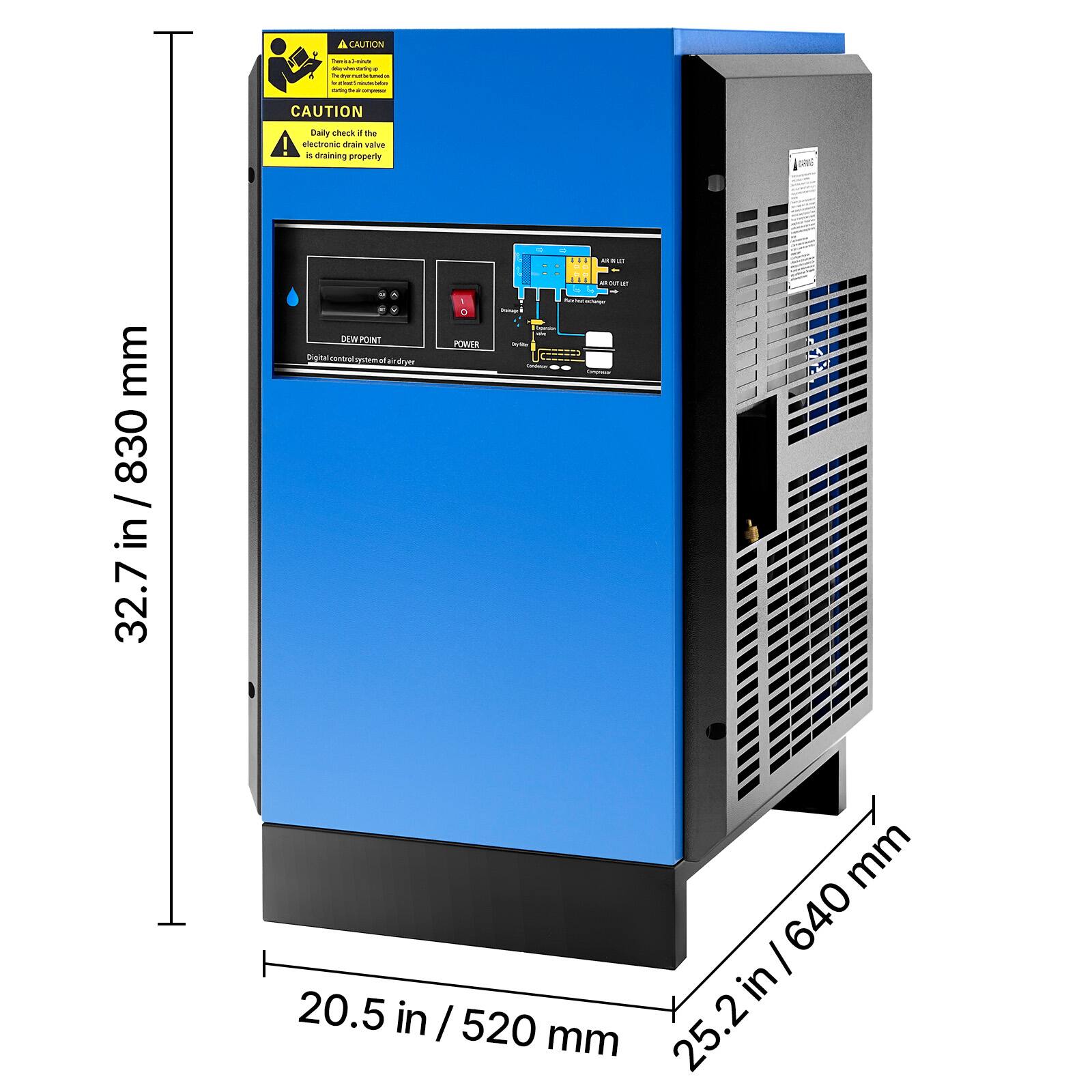 A CAUTION - - - - - : - - - -  
CAUTION!  
Daily check the electronic drain valve for draining property.  
SAN mm 830 / 32.7 in / 830 32.7 in.  
NY W.PONT POWER iigta/contuleptenatargm cna ytemu - dryer i a I mm 640 I in 20.5 in / 520 25.2 mm