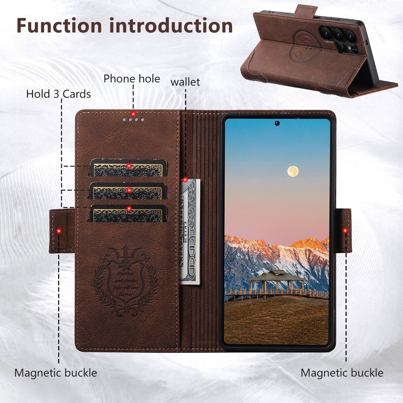 Function introduction

- Phone hole
- wallet
- Hold 3 Cards
- Magnetic buckle
- Magnetic buckle