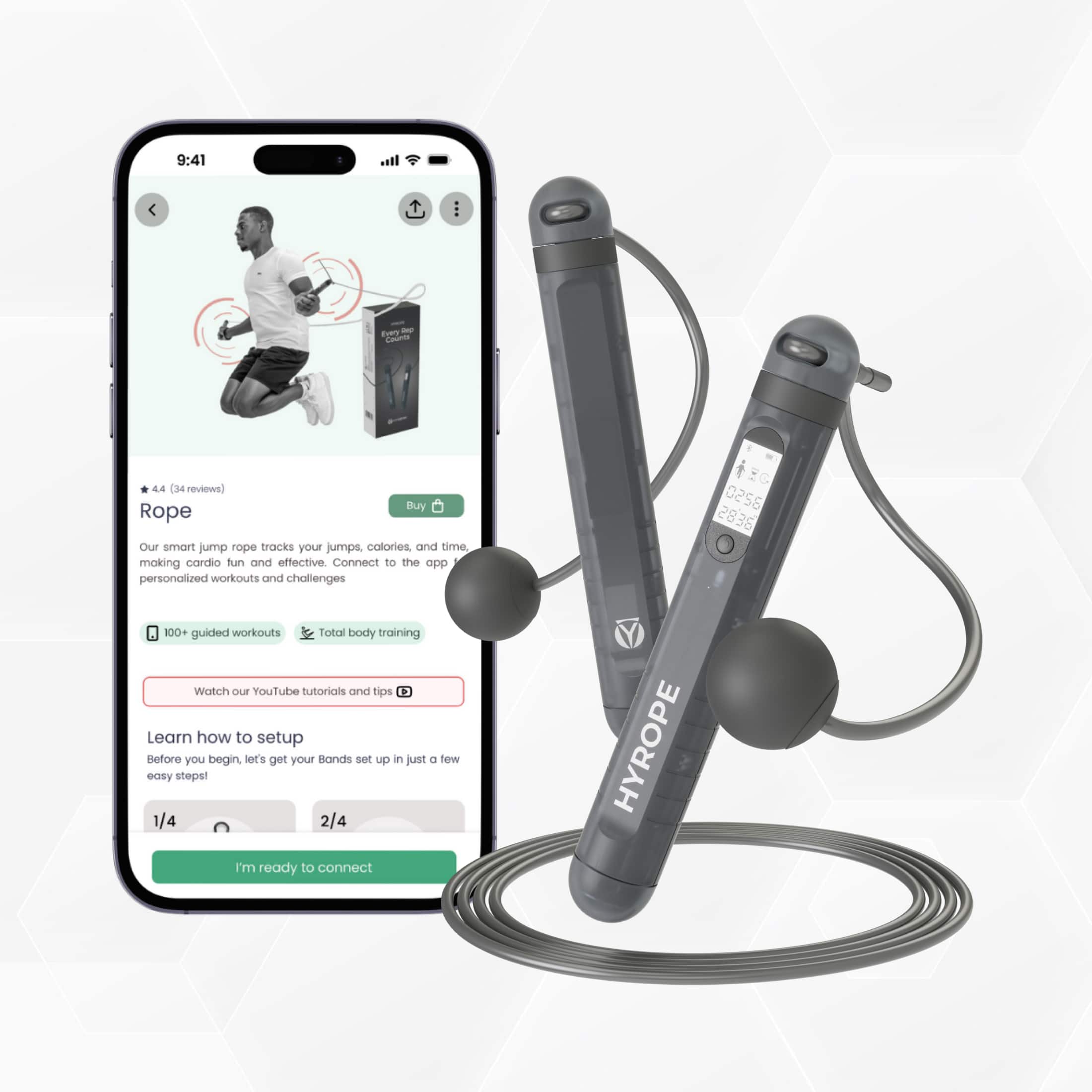 Habeats - Smart Jump Rope, AI Powered Fitness Tracker, Fitness App Lifetime Access, Adjustable, Cordless, Cardio Weight Loss - Charcoal