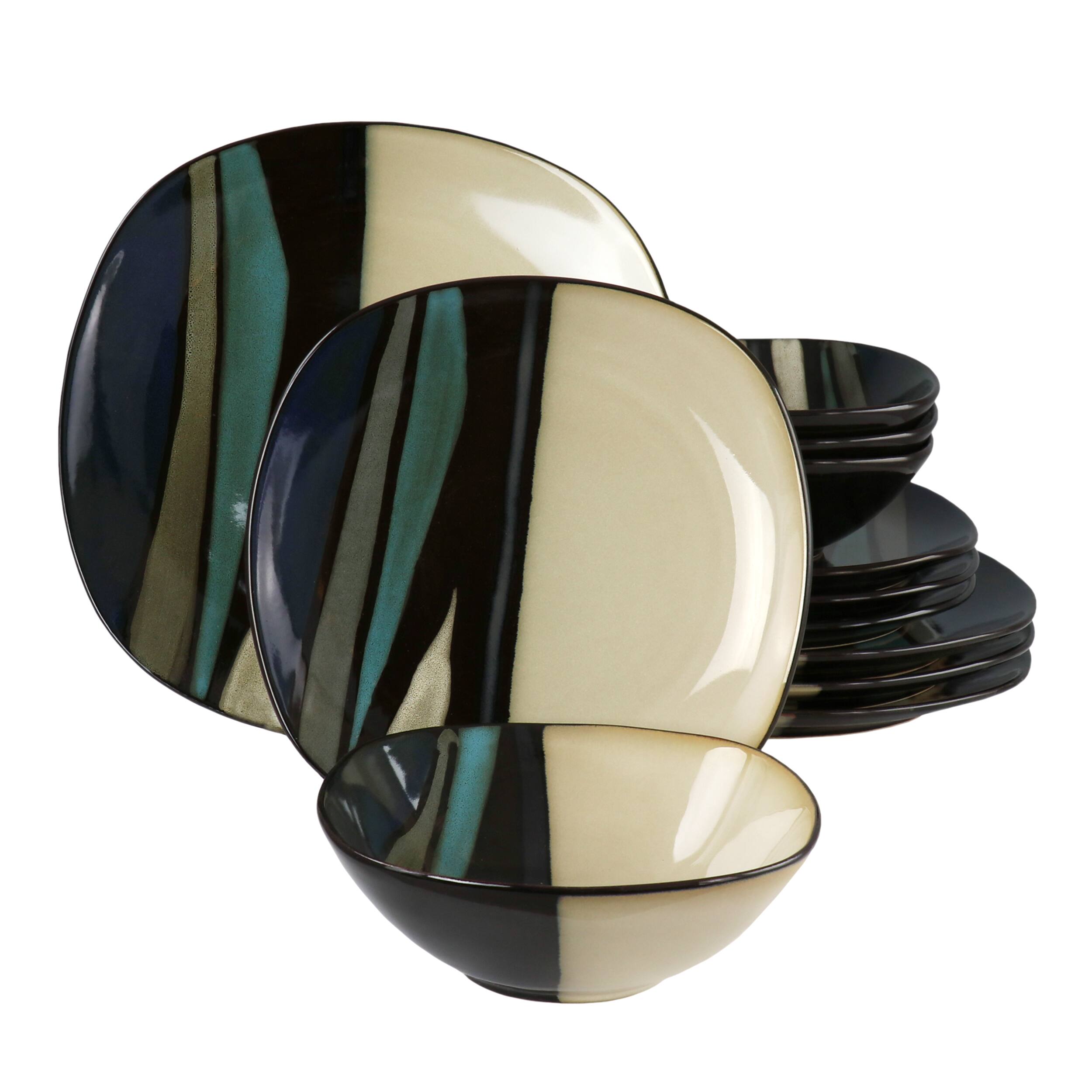 Front. Hometrends - Hometrends Althea 12 Piece Soft Square Stoneware Dinnerware Set in Teal - Teal.