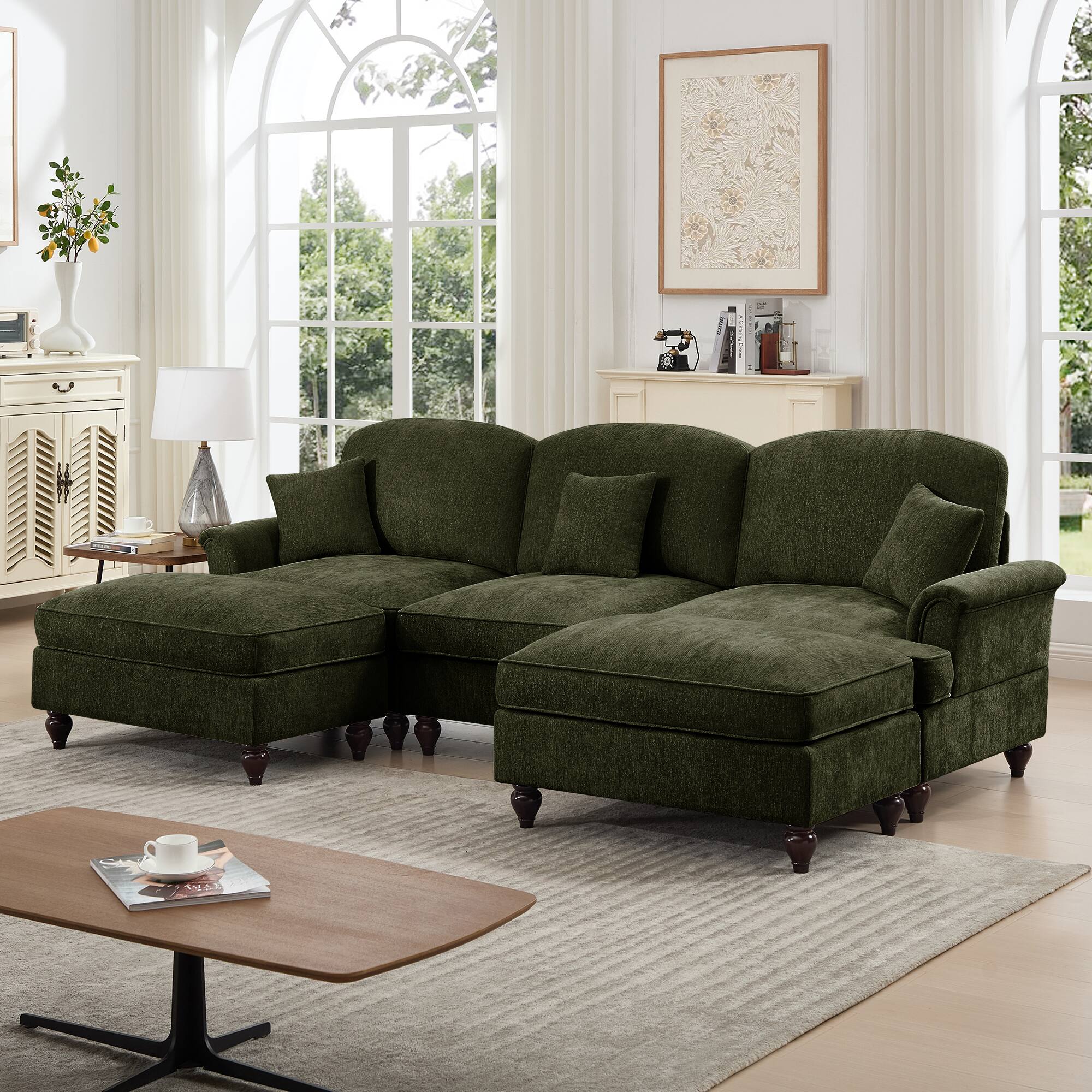 Angle. Anysun - Classic U-Shape Chenille Sectional Sofa with Ottomans - Flared Arms, Ruffled Skirt & Spindle Legs, Deep Cloud Seat - Green.