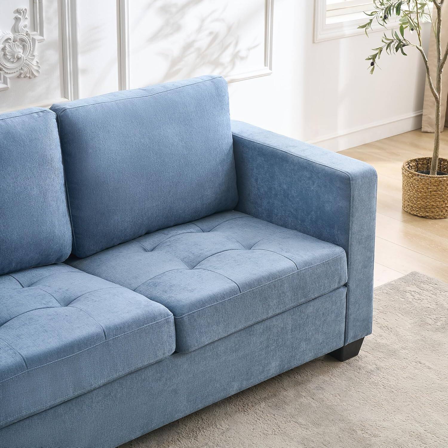 Back. Jojoka - 89" 3-Seater Chenille Sofa with Removable Cushion, Wide Armrests & Side Storage Pockets - Blue.