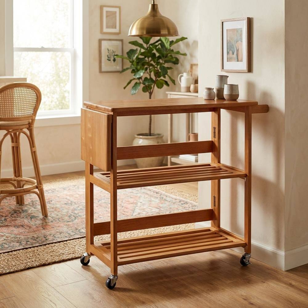 Alt View 3. FurniFact - Foldable Kitchen Cart - Light Oak.