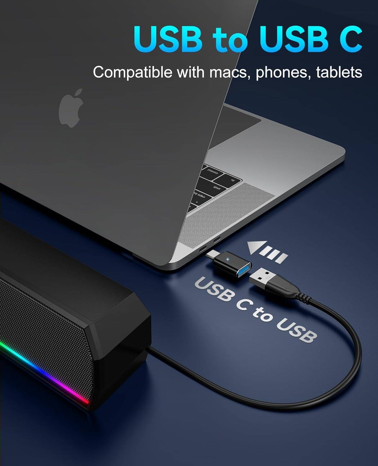 USB to USB C  
Compatible with macs, phones, tablets  

USB C to USB