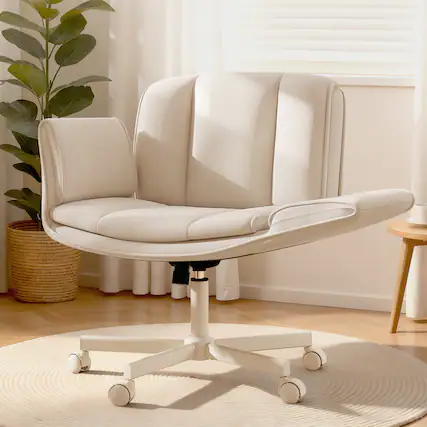 Front. KERDOM - 4 in 1 Cross-Legged Chair with Wheels & Expandable Arms, PU Leather Wide Seat Vanity Chair, Home Office Computer Chair - Beige.