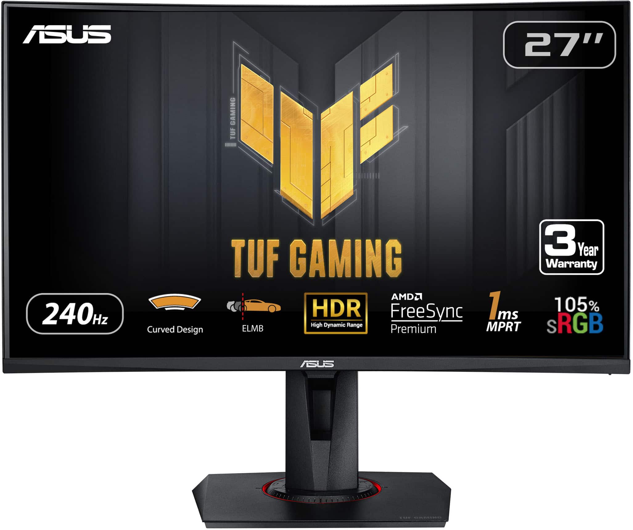 ASUS 27" GAMING TUF 240Hz Curved Design 3 Year TUF GAMING Warranty AMD2 HDR Ims 105% FreeSync ms ELMB High Dynamic Range Premium MPRT S SRGB