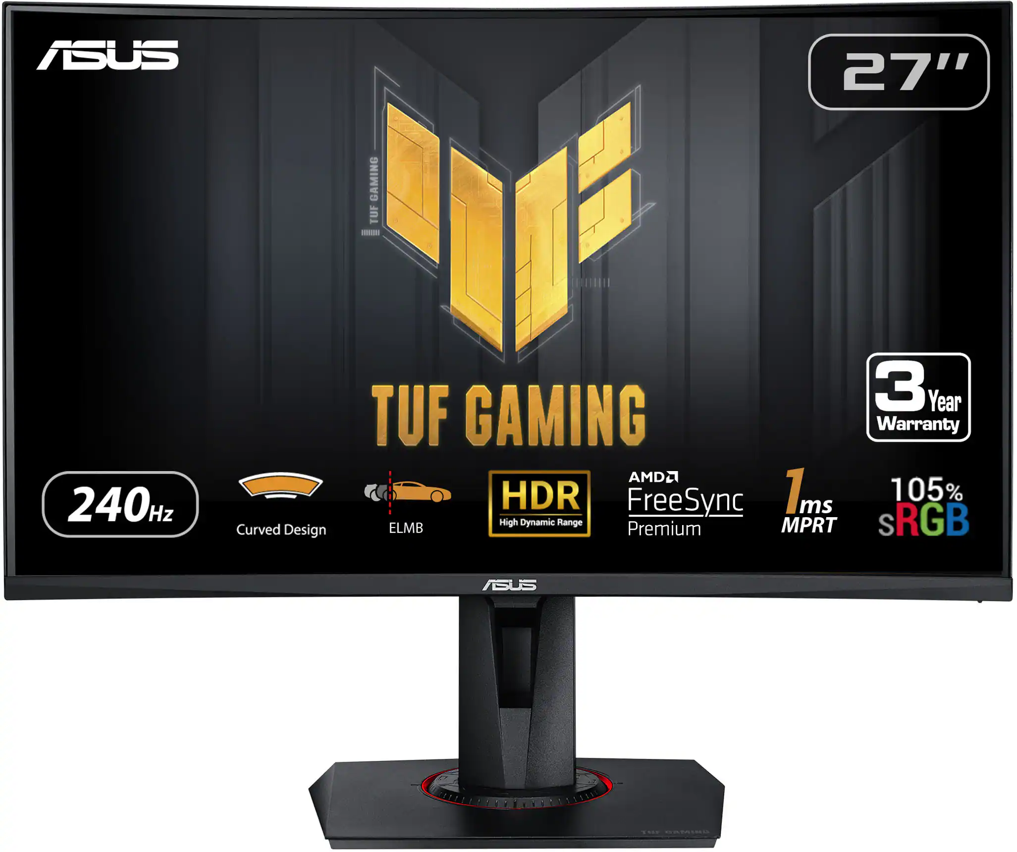 ASUS 27" GAMING TUF 240Hz Curved Design 3 Year TUF GAMING Warranty AMD2 HDR Ims 105% FreeSync ms ELMB High Dynamic Range Premium MPRT S SRGB